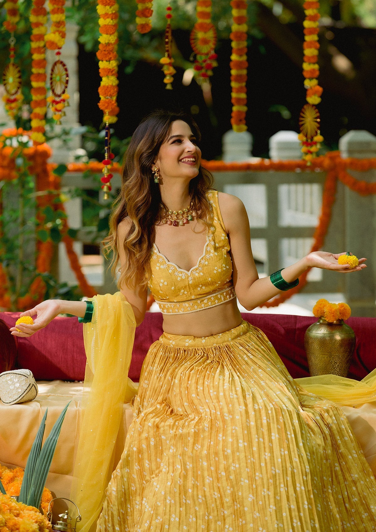 Yellow Printed Semi Crepe Readymade Lehenga