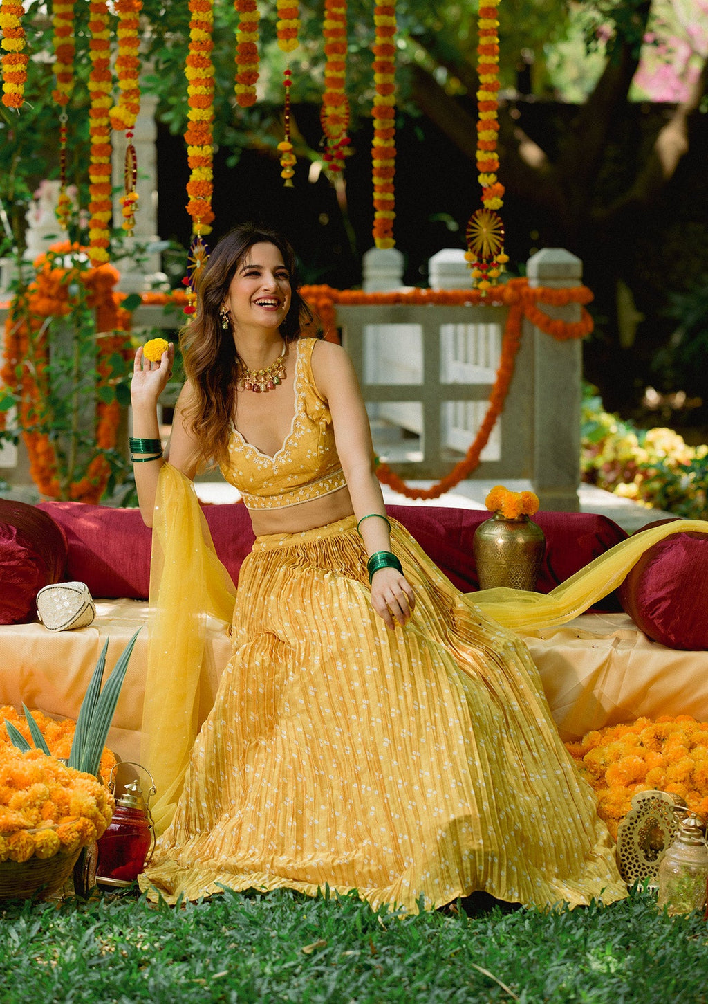 Yellow Printed Semi Crepe Readymade Lehenga
