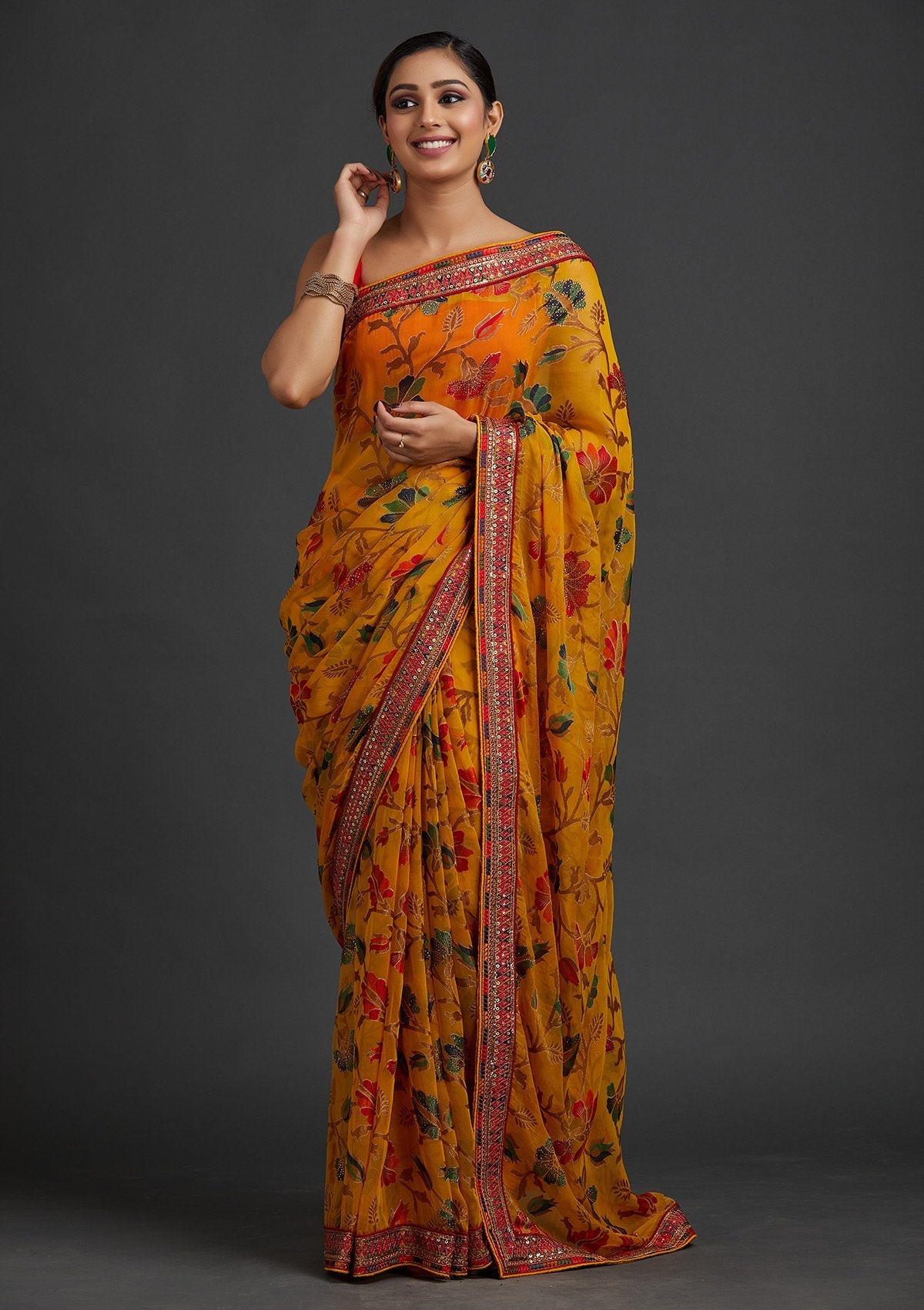 Yellow Printed Georgette Designer Saree