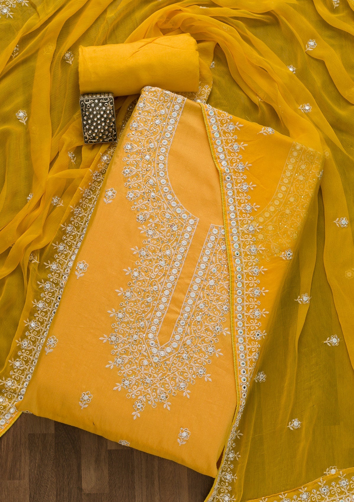 Yellow Stonework Chanderi Cotton Semi-Stitched Salwar Suit