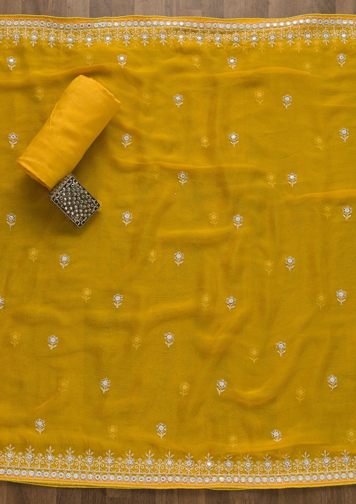 Yellow Stonework Chanderi Cotton Semi-Stitched Salwar Suit