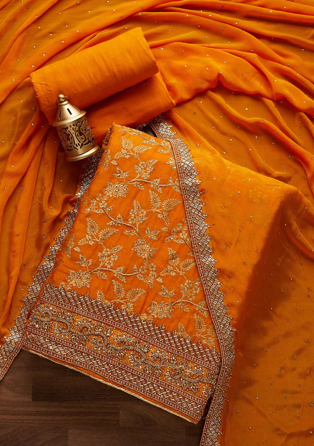 Yellow Stonework Chanderi Unstitched Salwar Suit