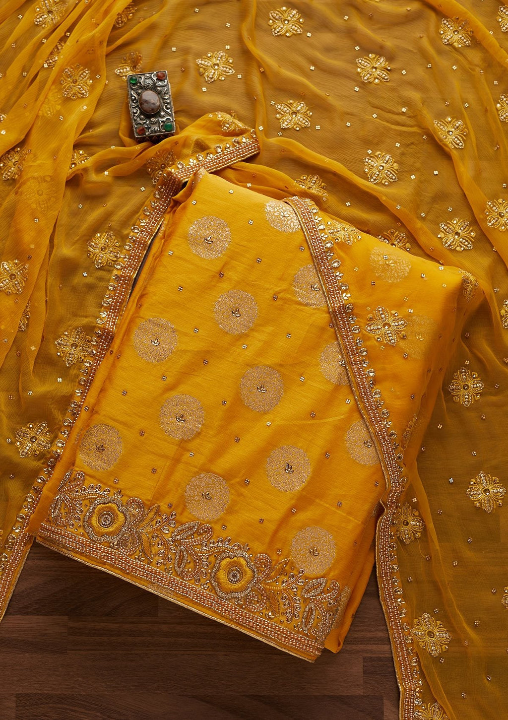 Yellow Stonework Chanderi Unstitched Salwar Suit