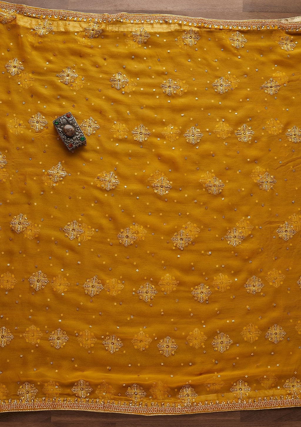 Yellow Stonework Chanderi Unstitched Salwar Suit