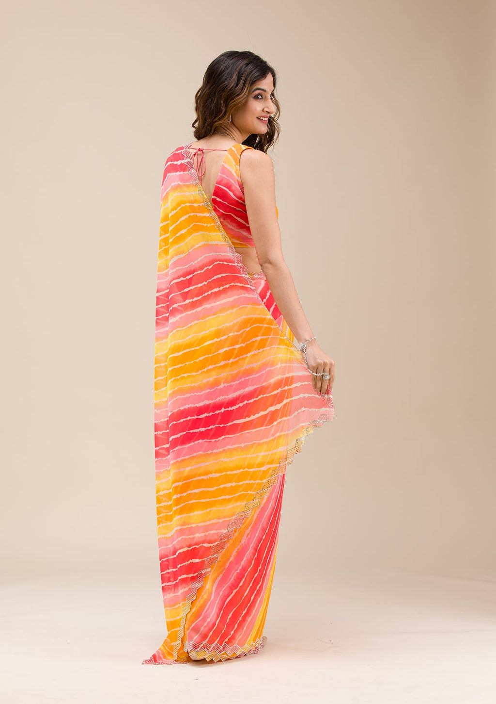 Yellow Stonework (Silver) Chiffon Saree