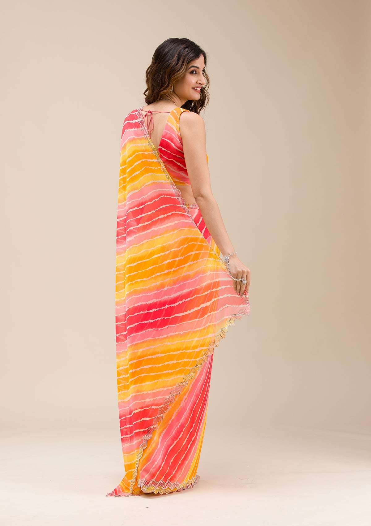 Yellow Stonework (Silver) Chiffon Saree