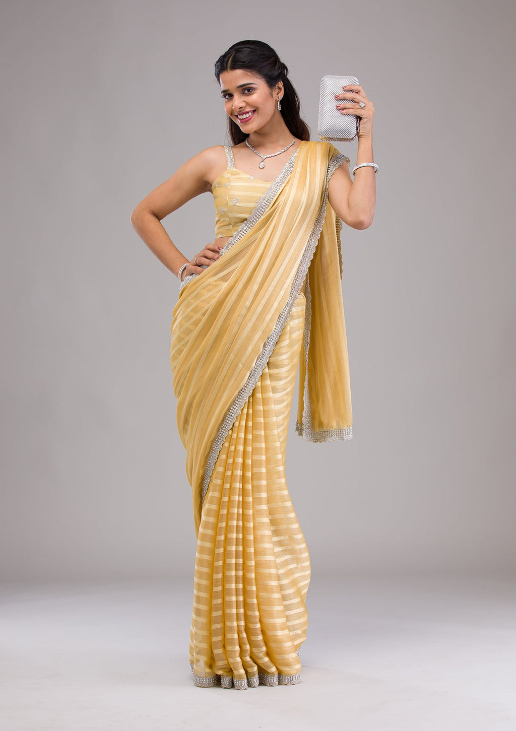 Yellow Stonework (Silver) Georgette Saree