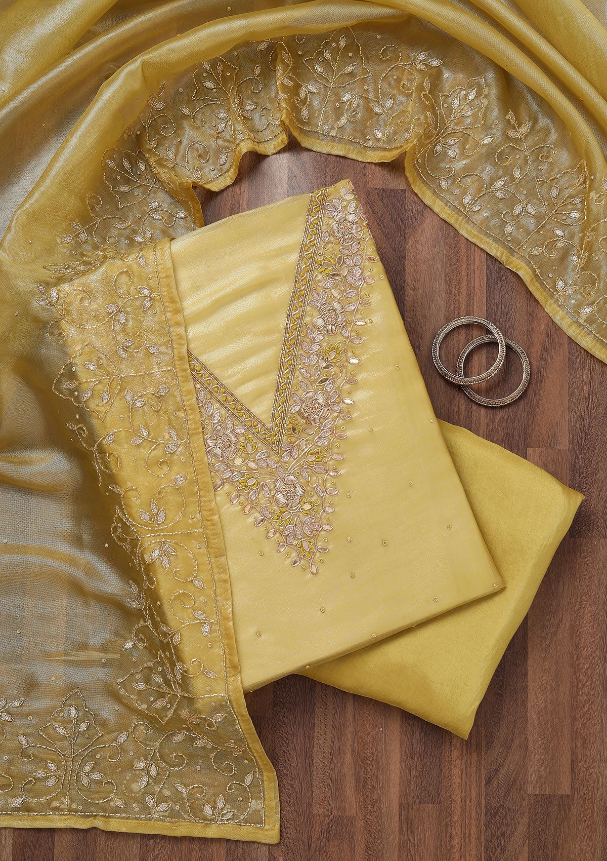 Yellow Stonework Tissue Unstitched Salwar Suit