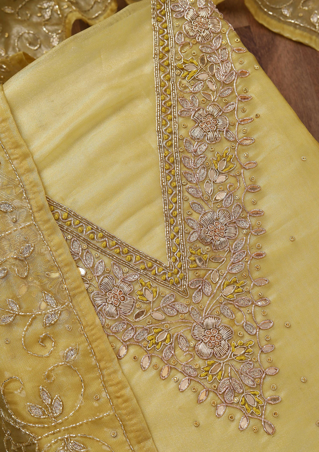 Yellow Stonework Tissue Unstitched Salwar Suit
