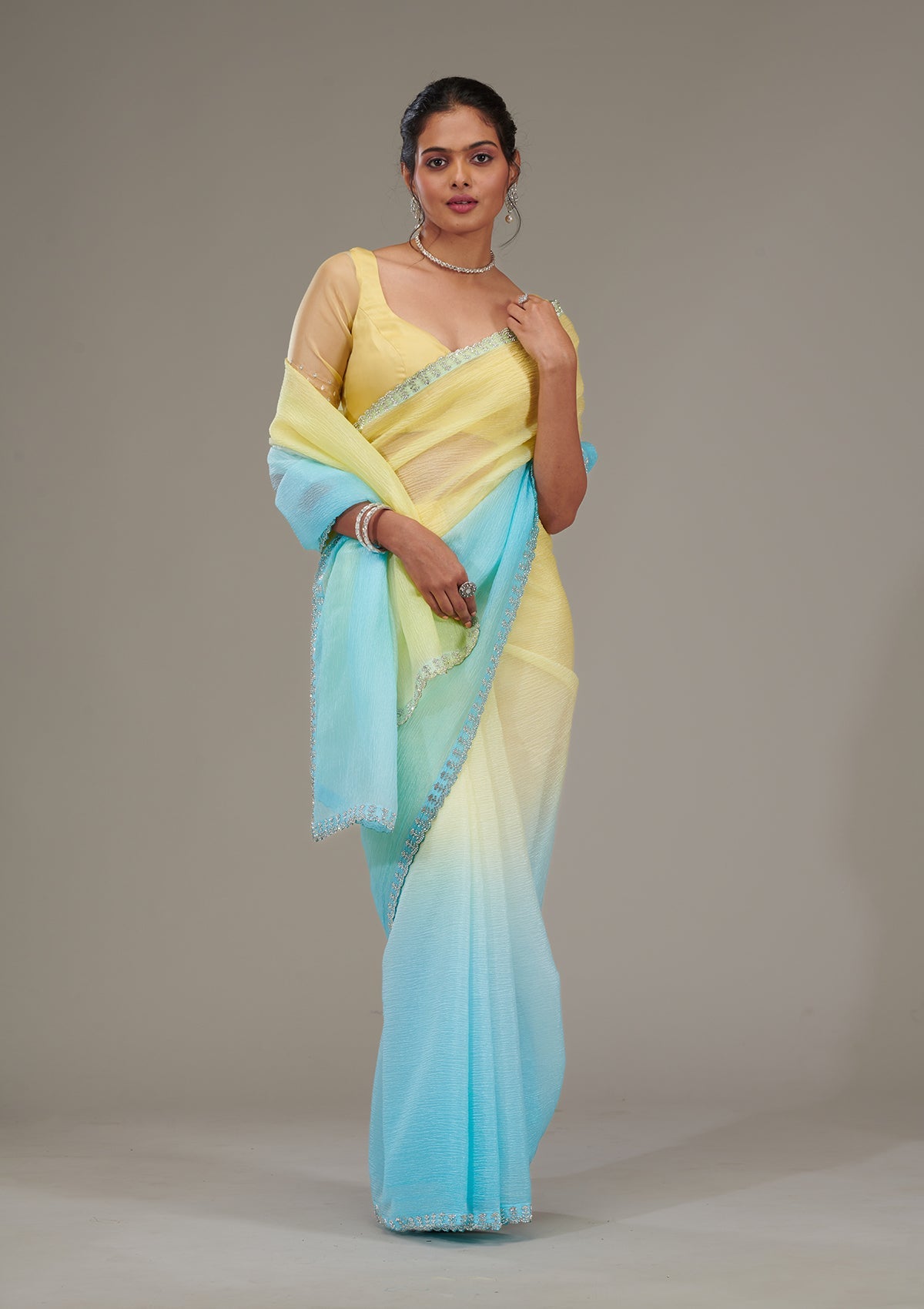 Yellow Stonework Tissue Saree