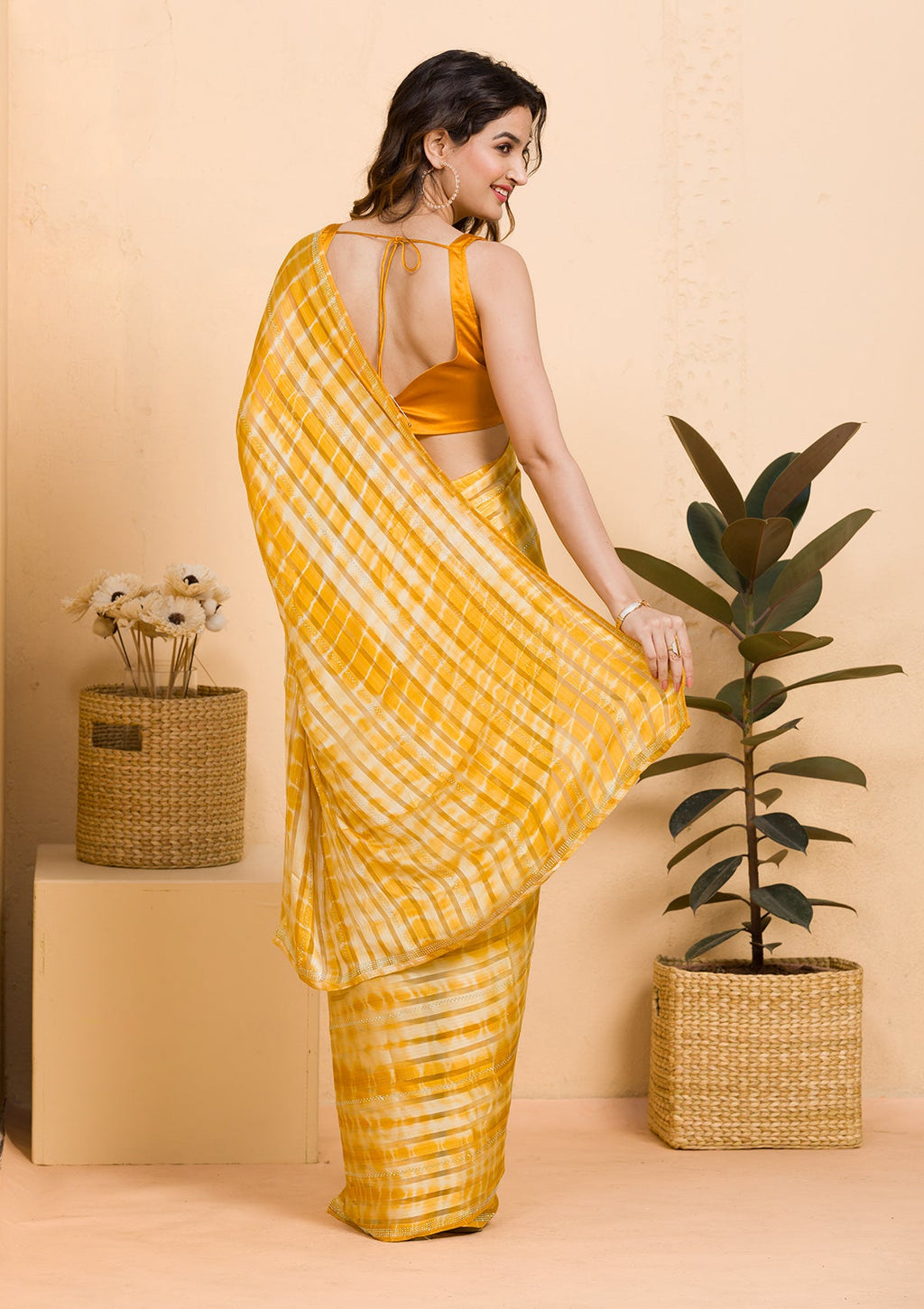 Yellow Swarovski Satin Saree