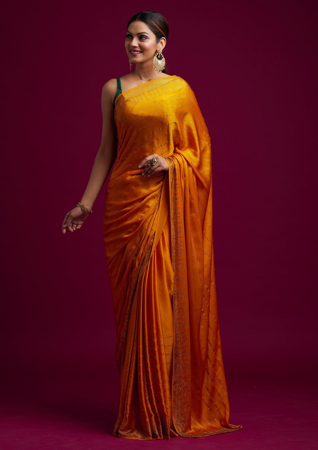 Yellow Swarovski Satin Designer Saree