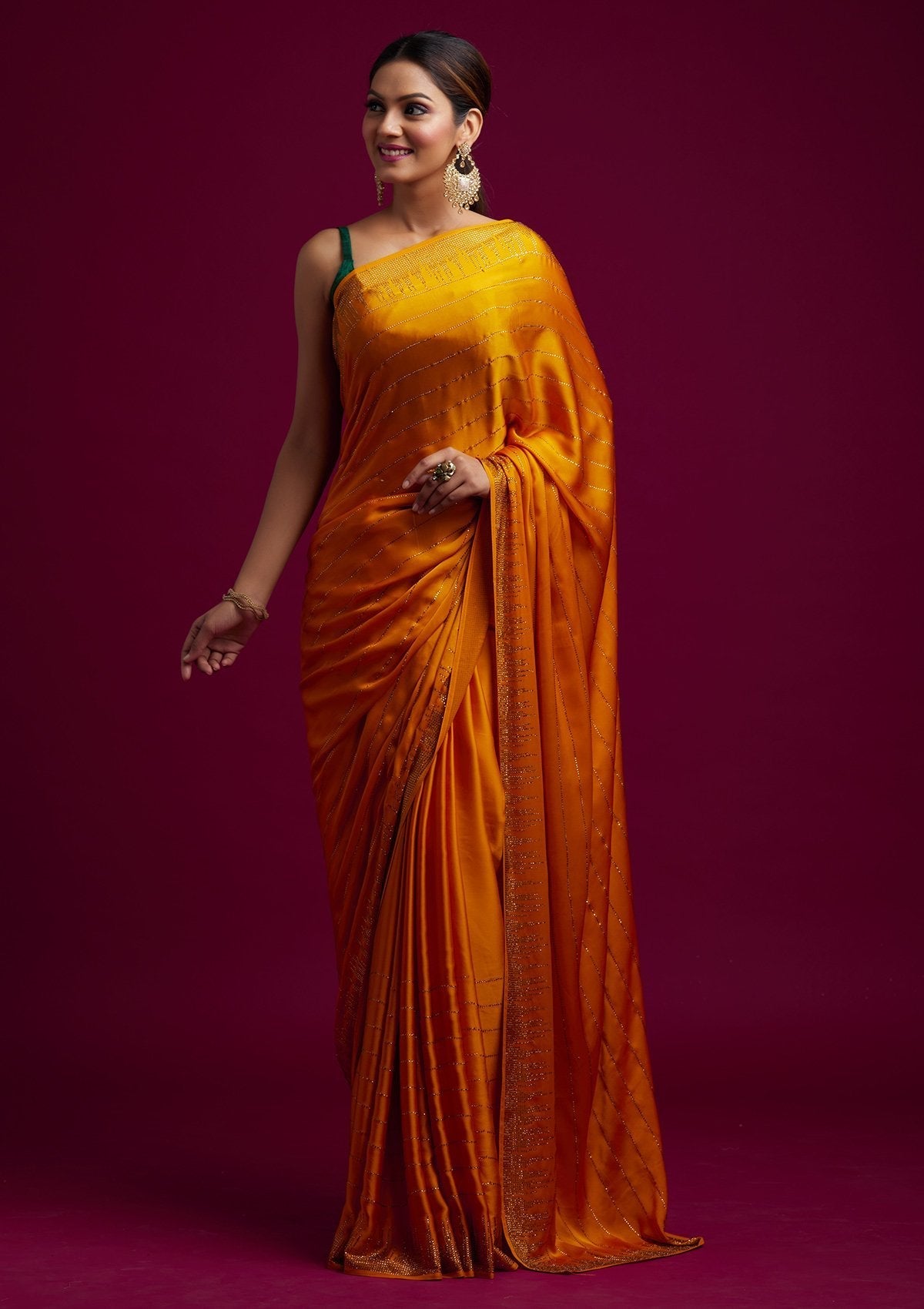 Yellow Swarovski Satin Designer Saree