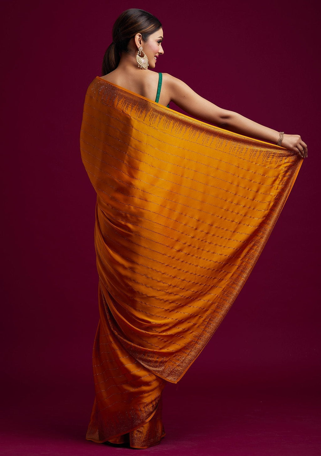 Yellow Swarovski Satin Designer Saree