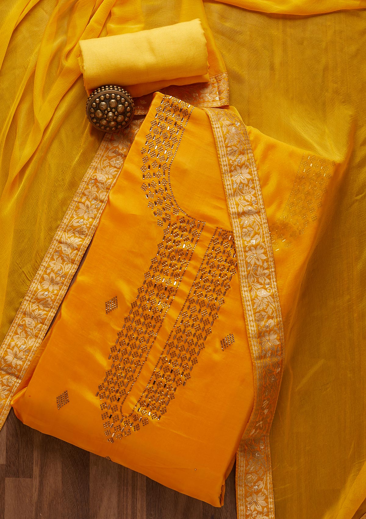Yellow Swarovski Semi Crepe  Unstitched Salwar Suit