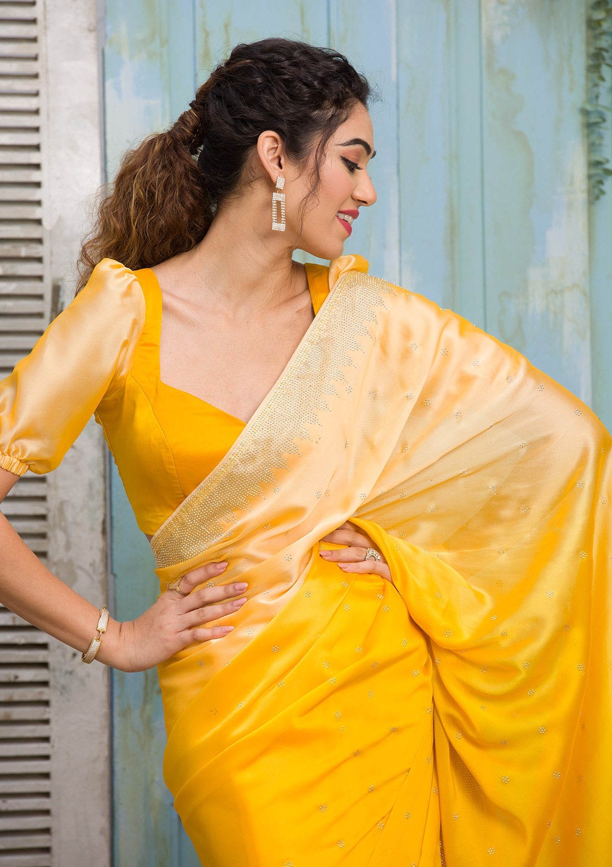 Yellow Ombre Satin Designer Saree