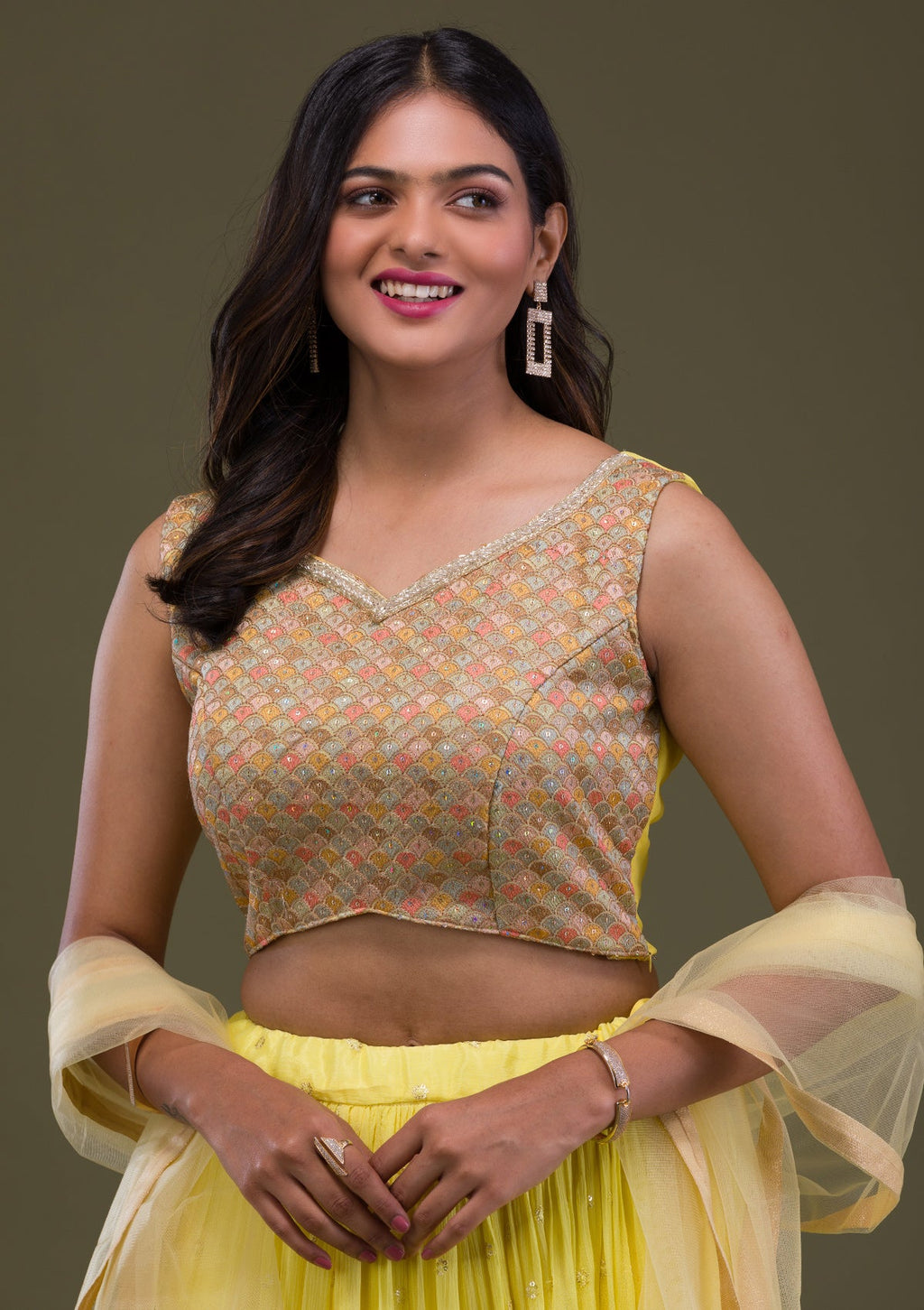 Yellow Threadwork Chiffon Readymade Lehenga