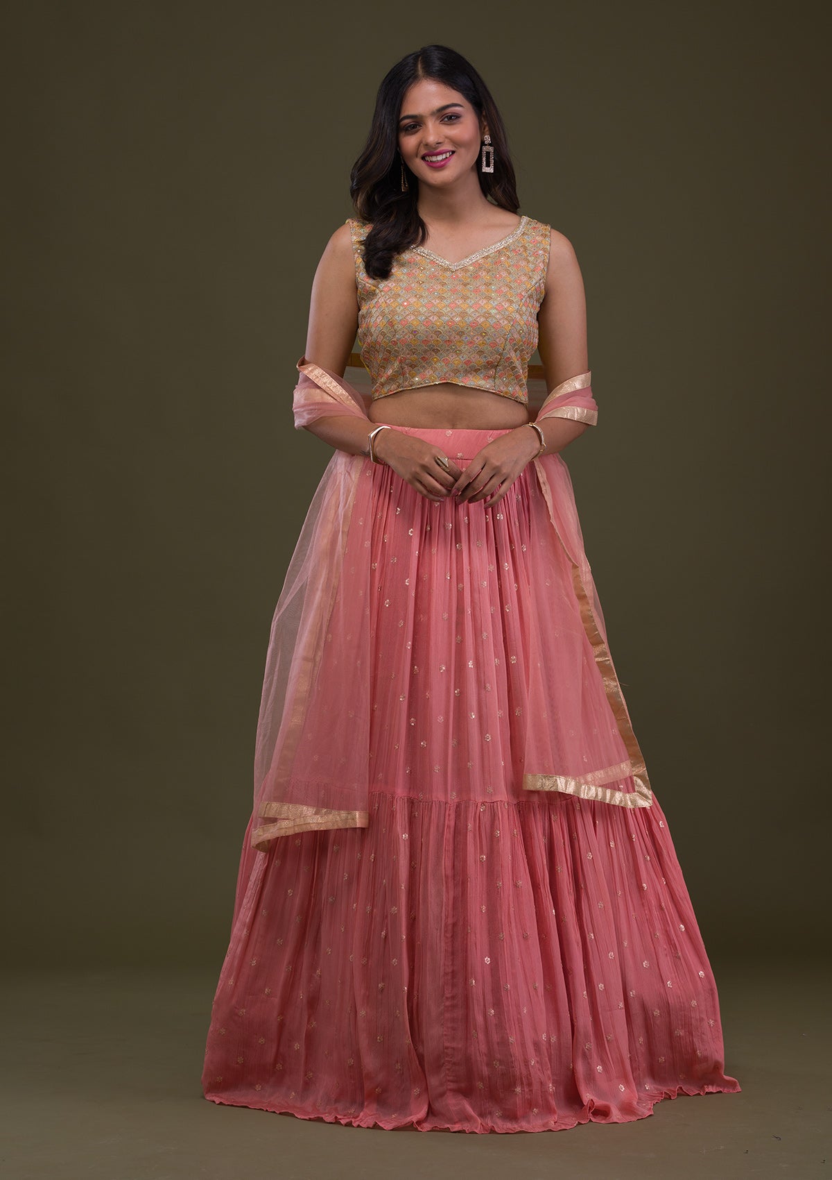 Yellow Threadwork Chiffon Readymade Lehenga