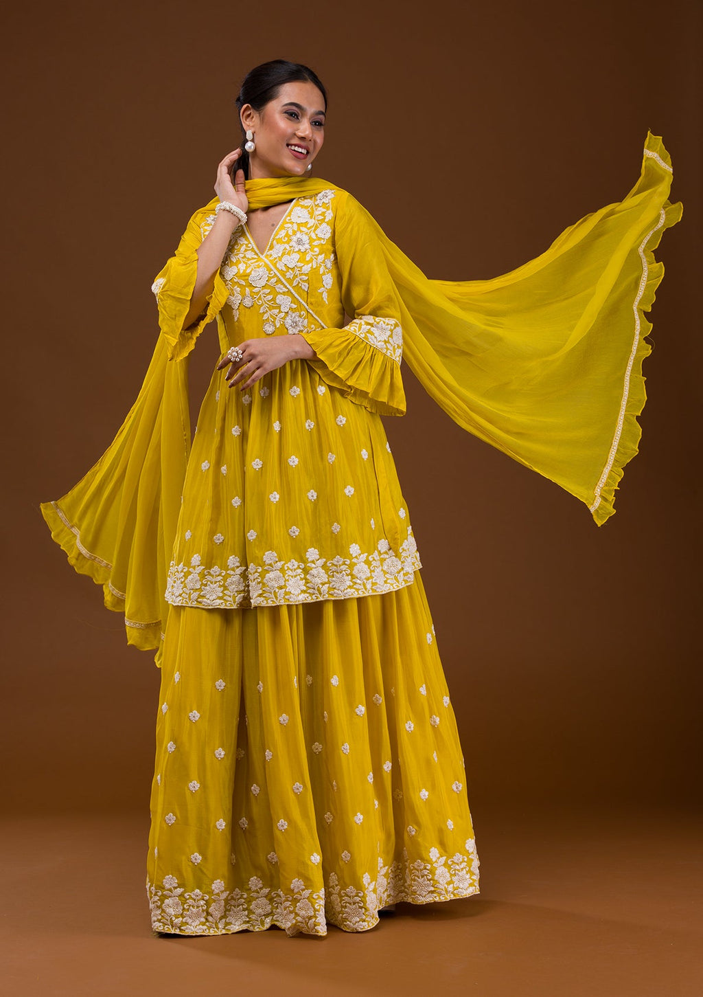 Yellow Threadwork Chiffon Readymade Salwar Suit
