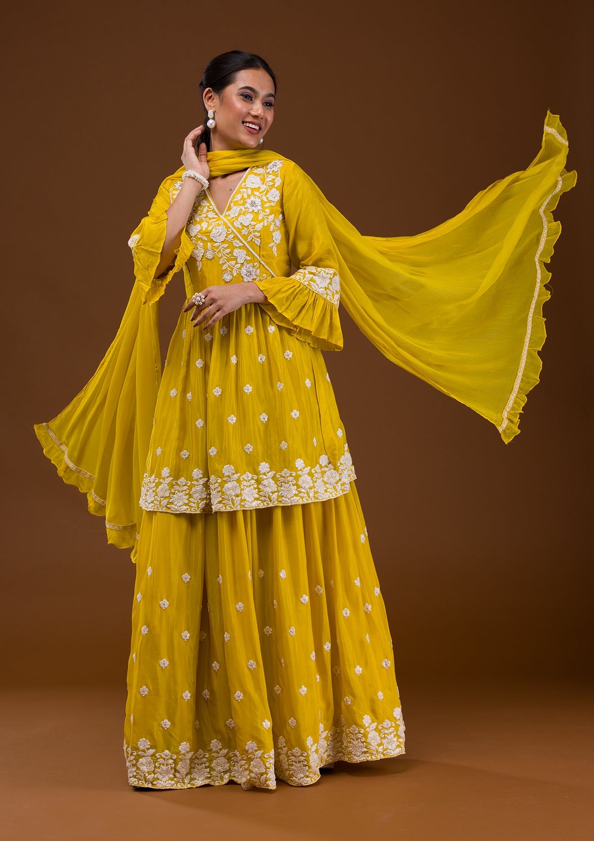 Yellow Threadwork Chiffon Readymade Salwar Suit