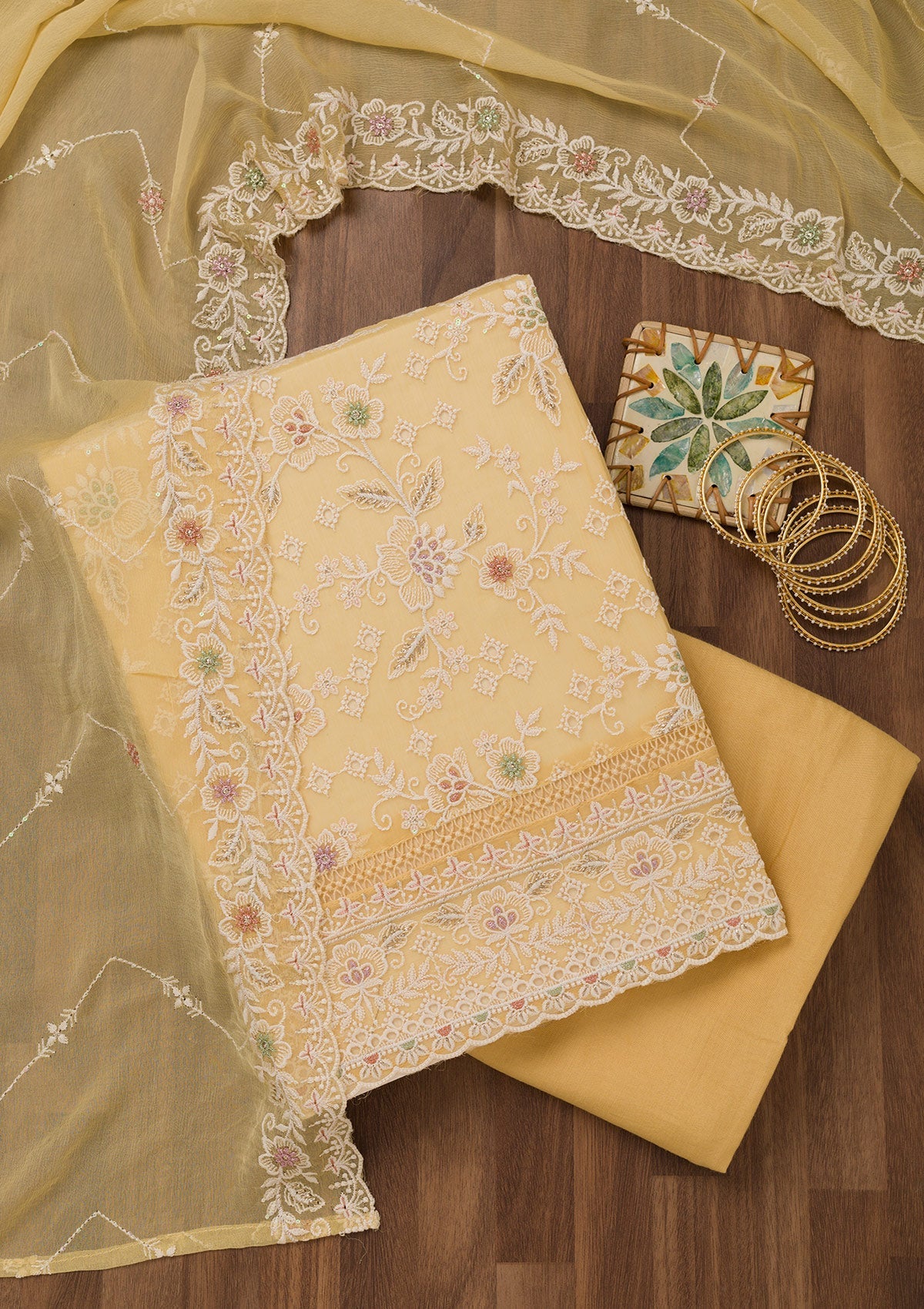 Yellow Threadwork Chiffon Unstitched Salwar Suit