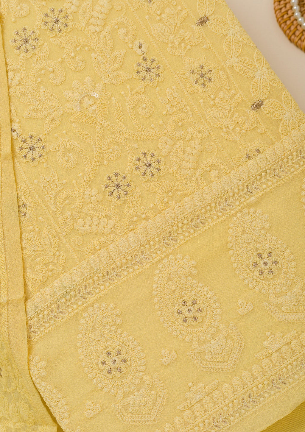 Yellow Threadwork Georgette Unstitched Salwar Suit