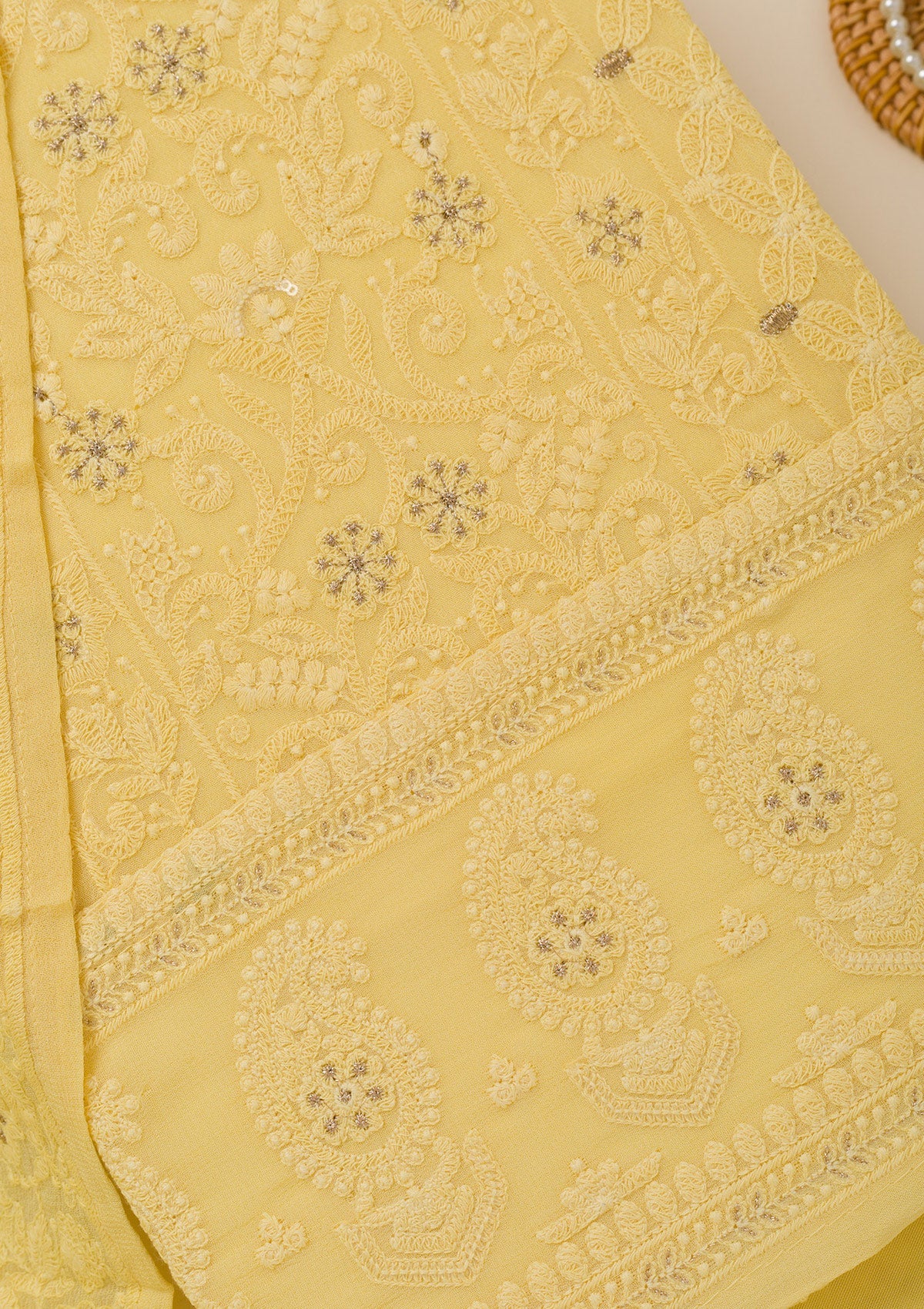 Yellow Threadwork Georgette Unstitched Salwar Suit