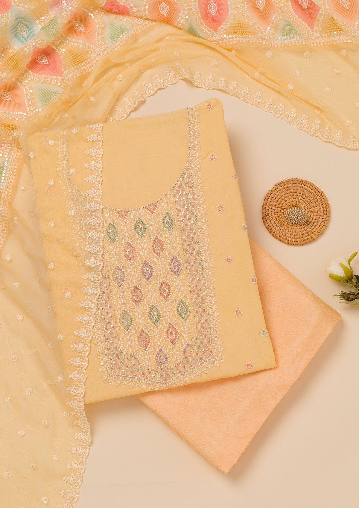 Yellow Threadwork Georgette Unstitched Salwar Suit