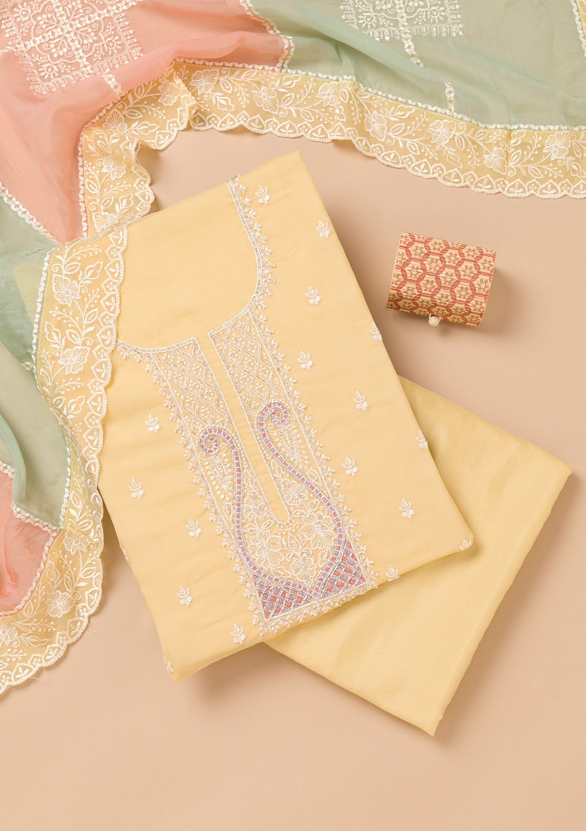 Yellow Threadwork Organza Unstitched Salwar Suit