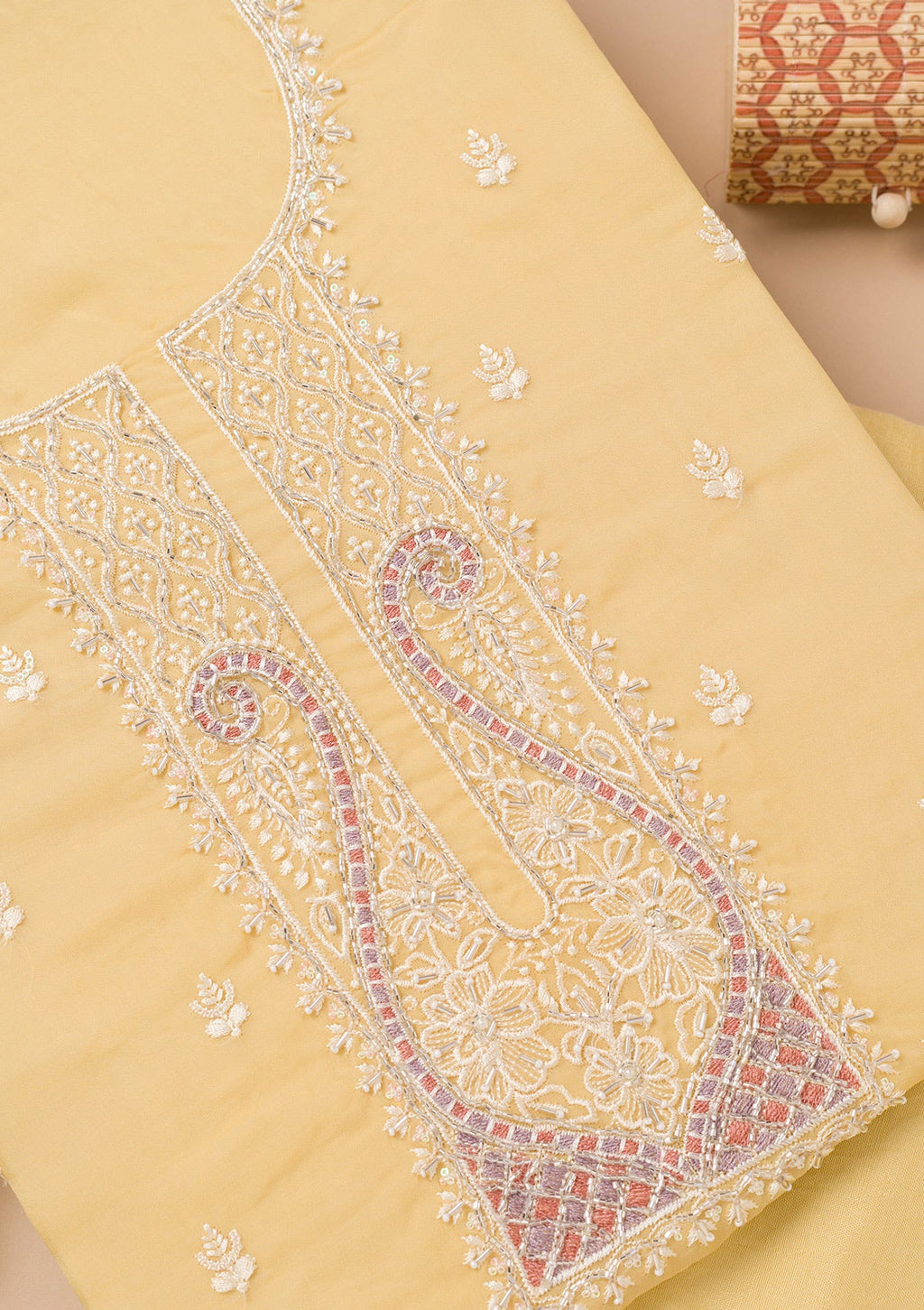 Yellow Threadwork Organza Unstitched Salwar Suit