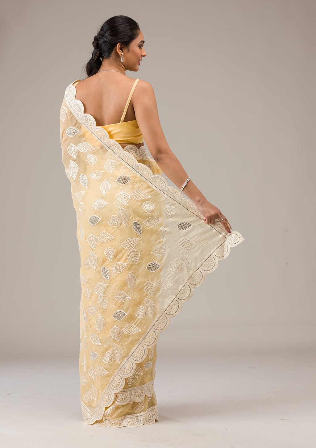 Yellow Threadwork Organza Saree
