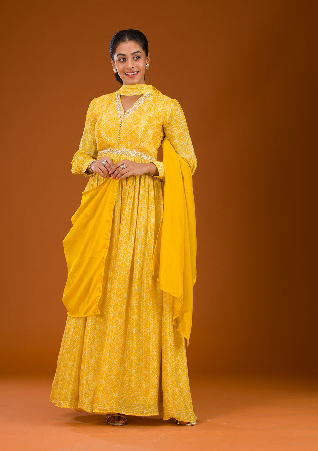 Yellow Threadwork Crepe Readymade Salwar Suit