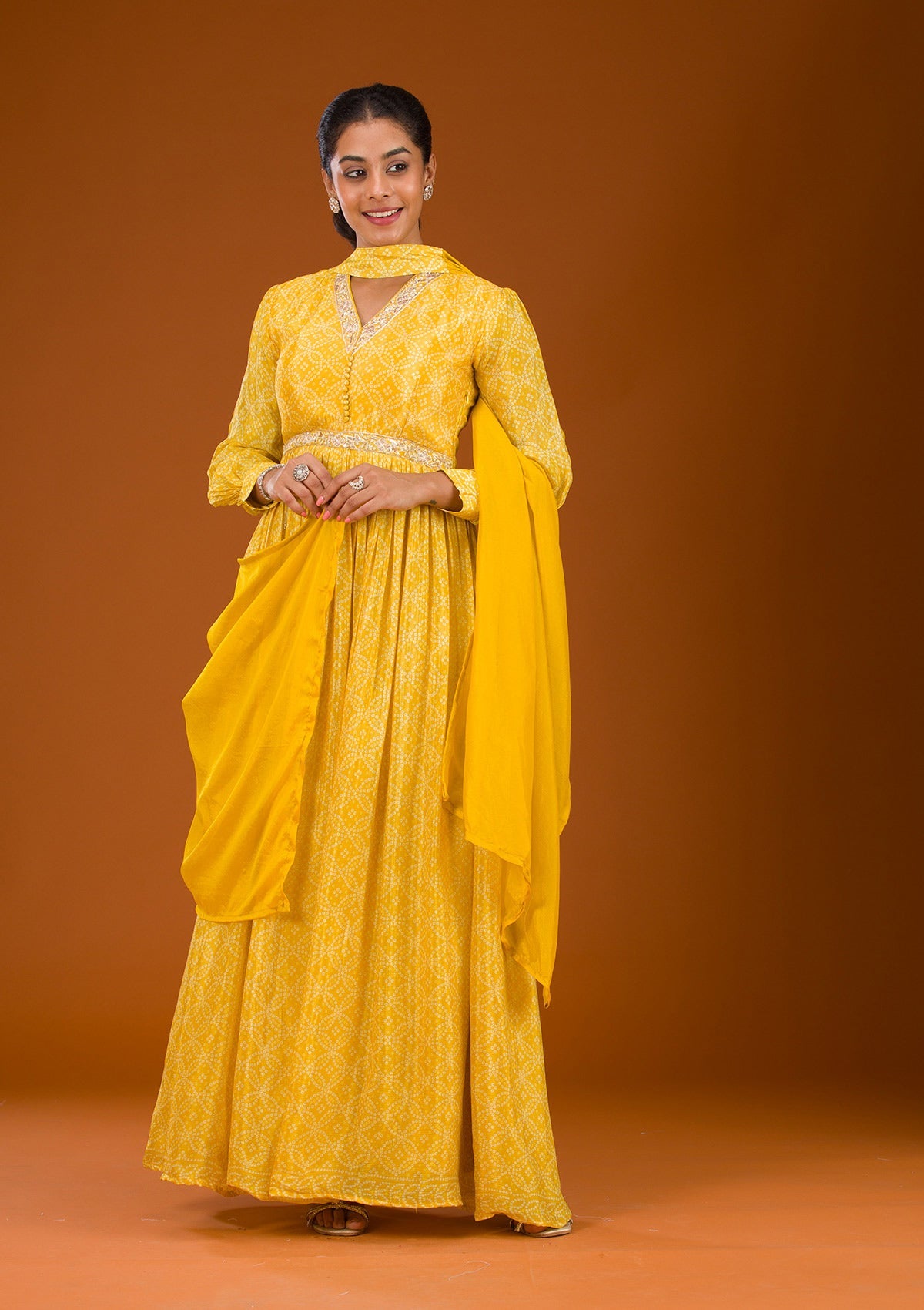 Yellow Threadwork Crepe Readymade Salwar Suit