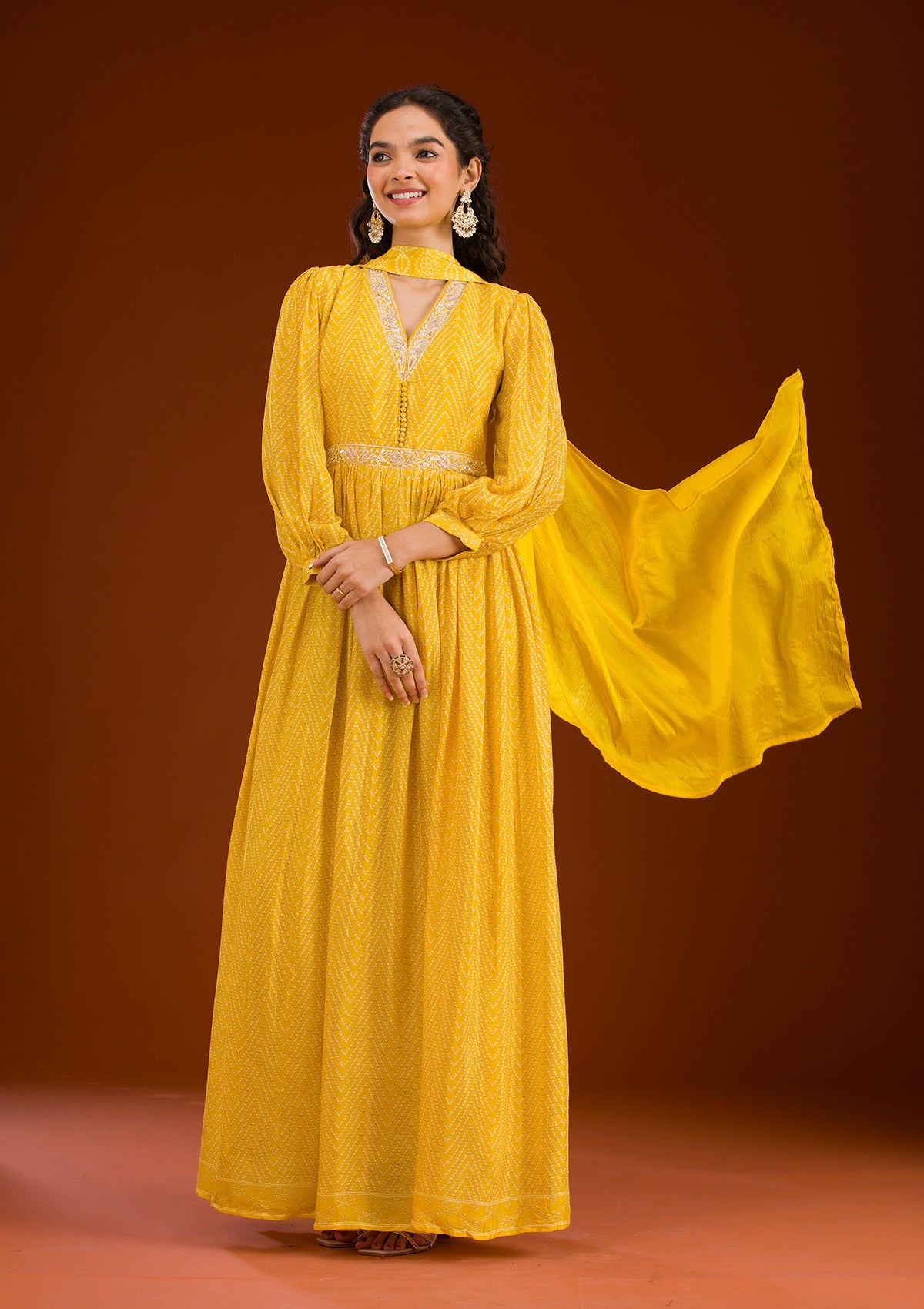 Yellow Threadwork Semi Crepe Readymade Salwar Suit