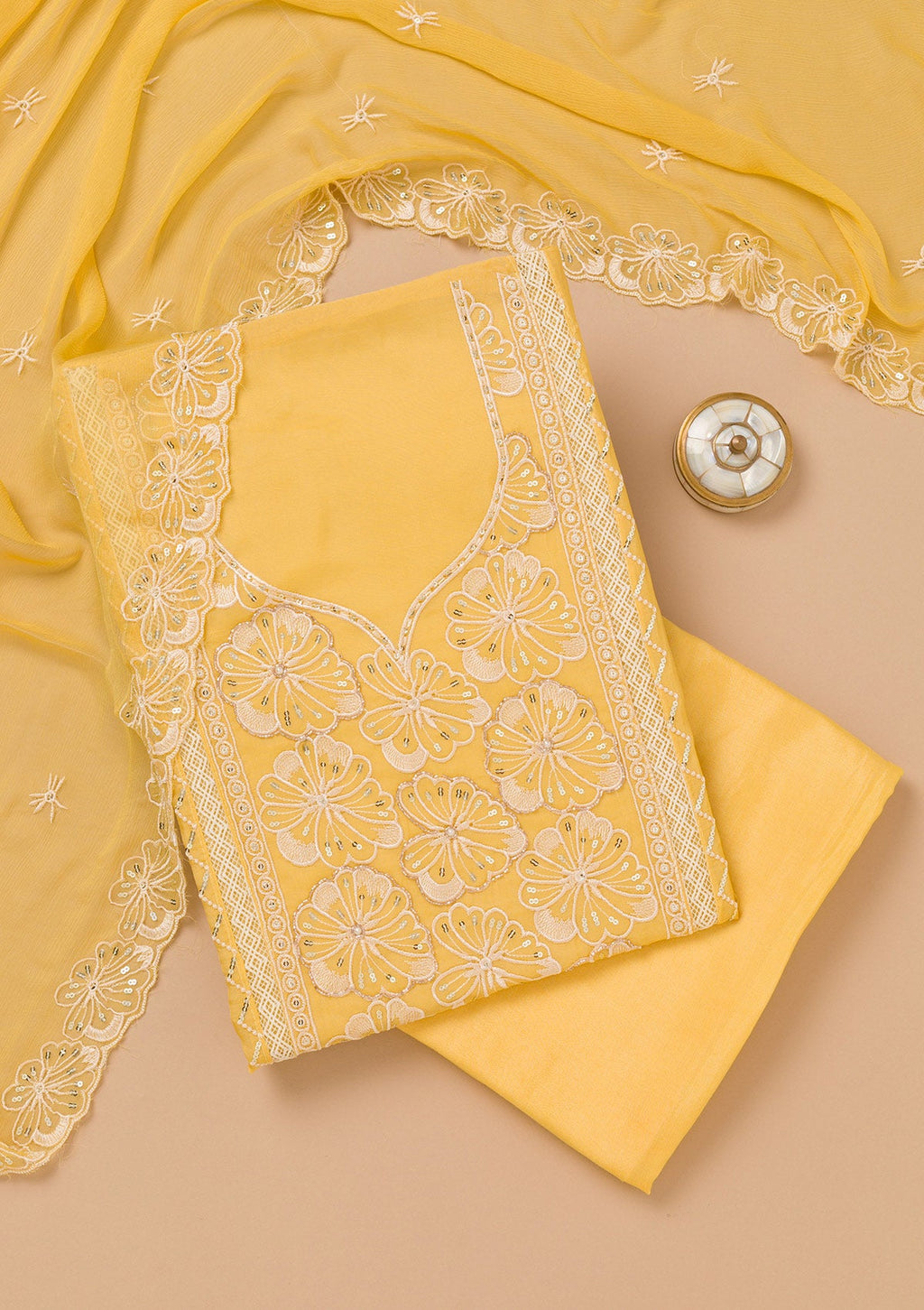 Yellow Threadwork Semi Crepe Unstitched Salwar Suit