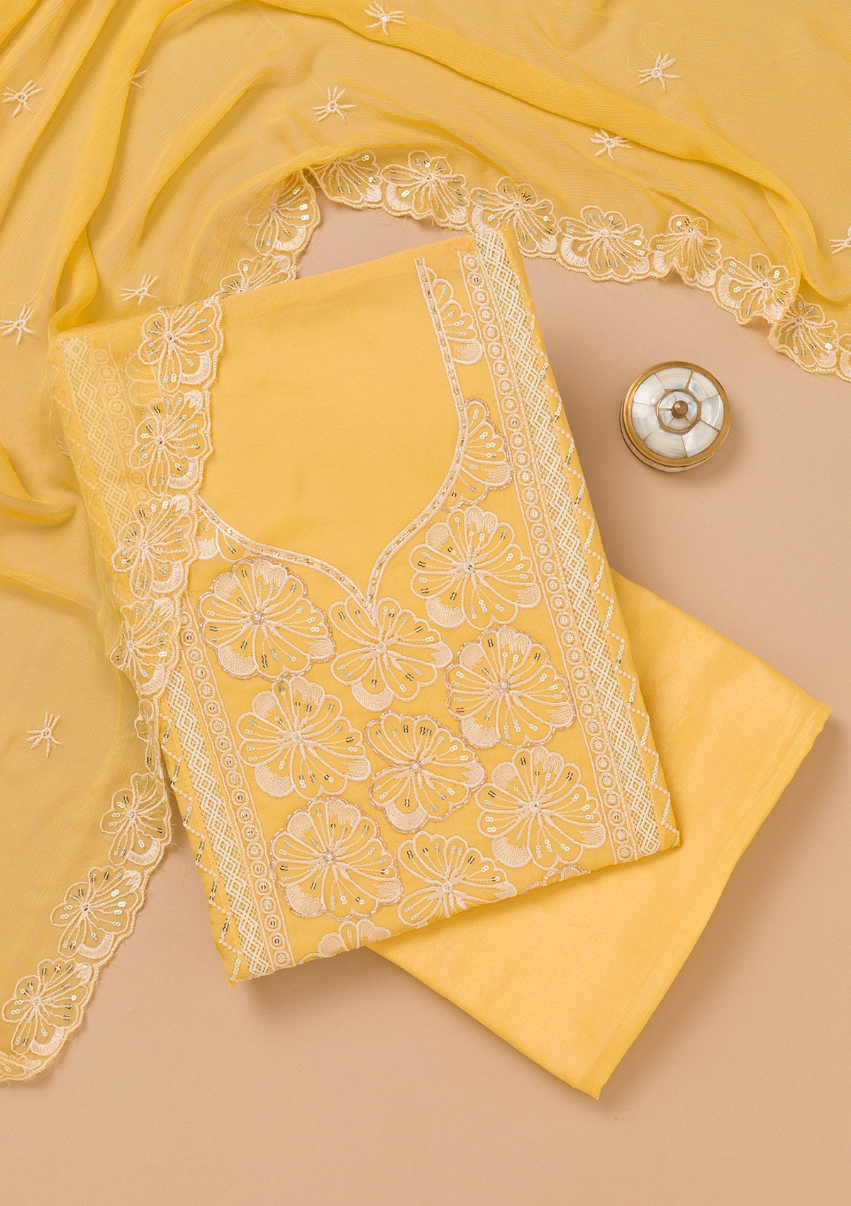 Yellow Threadwork Semi Crepe Unstitched Salwar Suit
