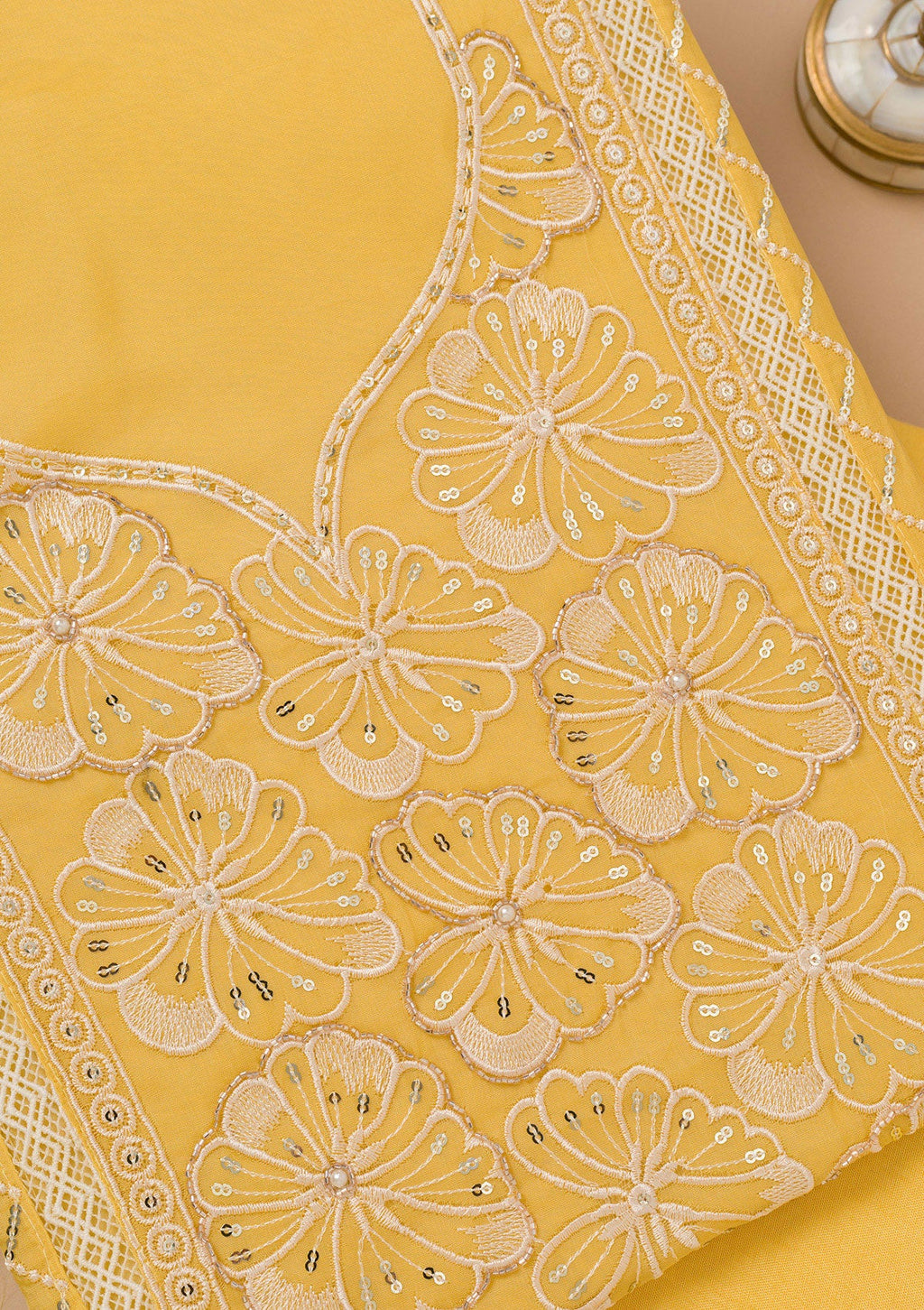 Yellow Threadwork Semi Crepe Unstitched Salwar Suit