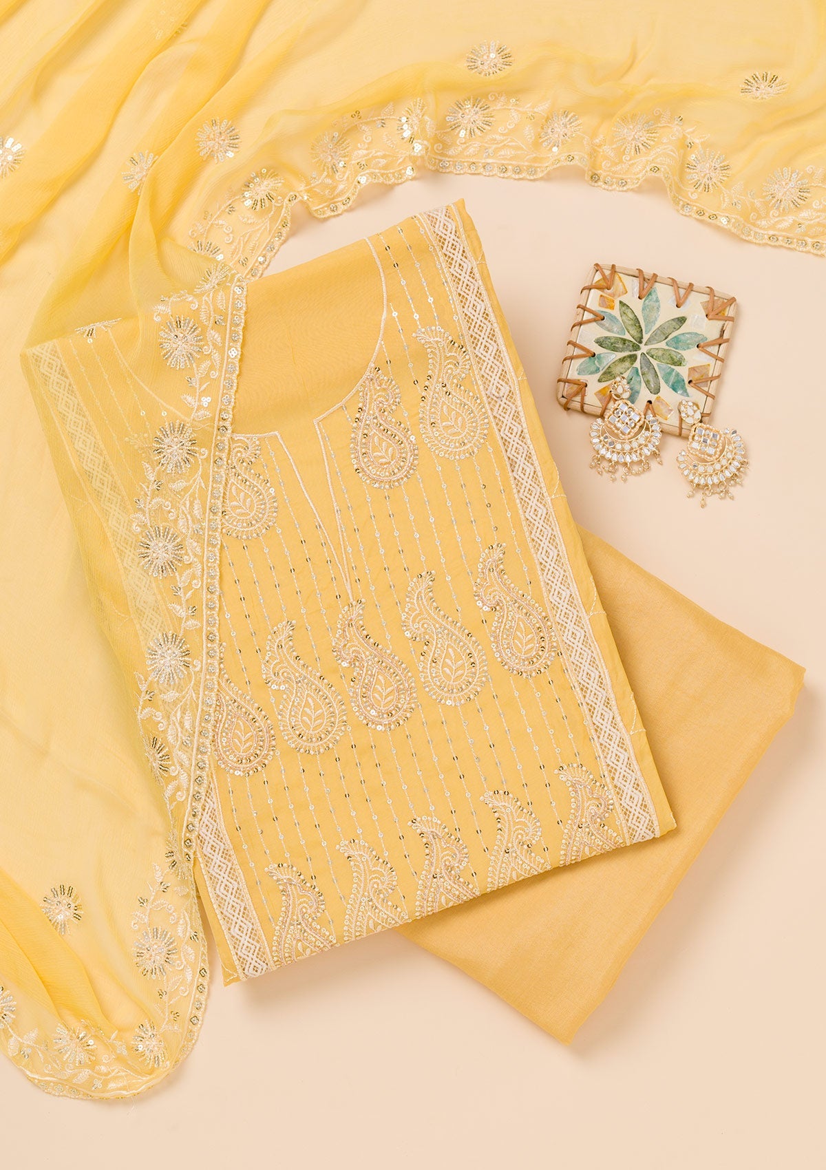 Yellow Threadwork Semi Crepe Unstitched Salwar Suit