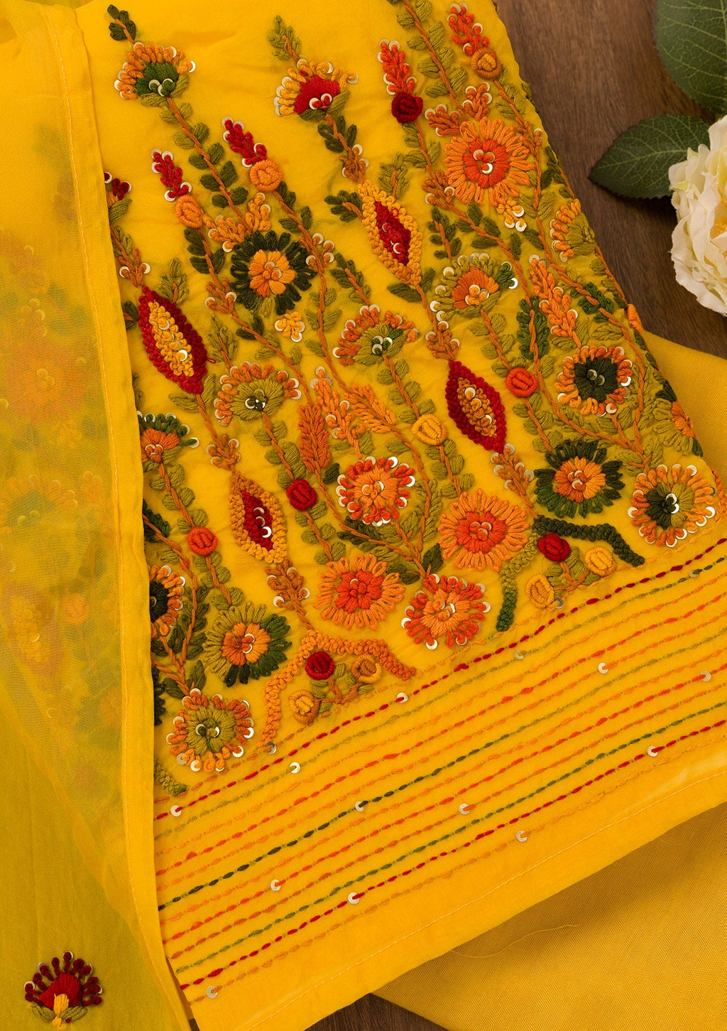 Yellow Threadwork Semi Crepe Unstitched Salwar Suit