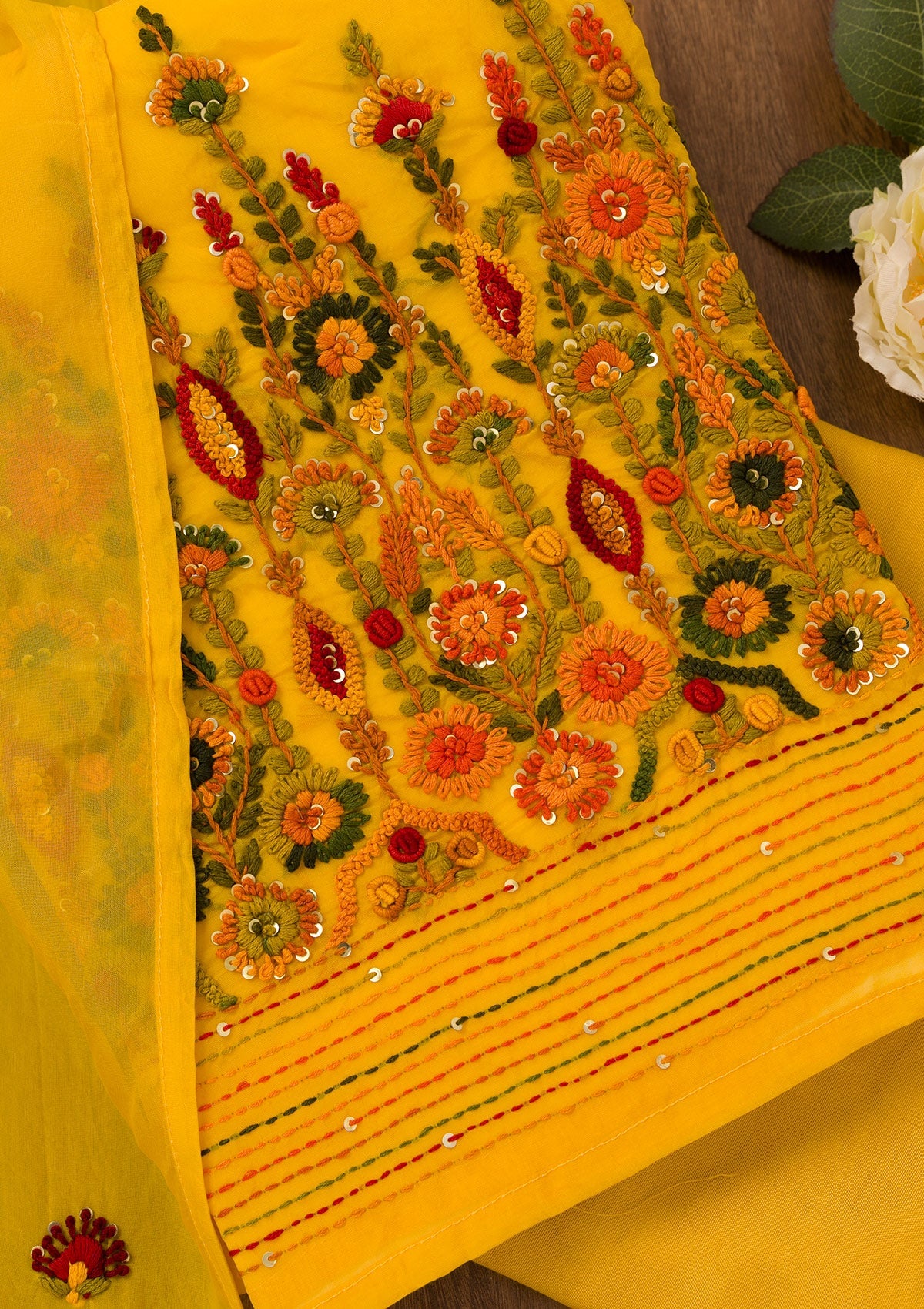 Yellow Threadwork Semi Crepe Unstitched Salwar Suit