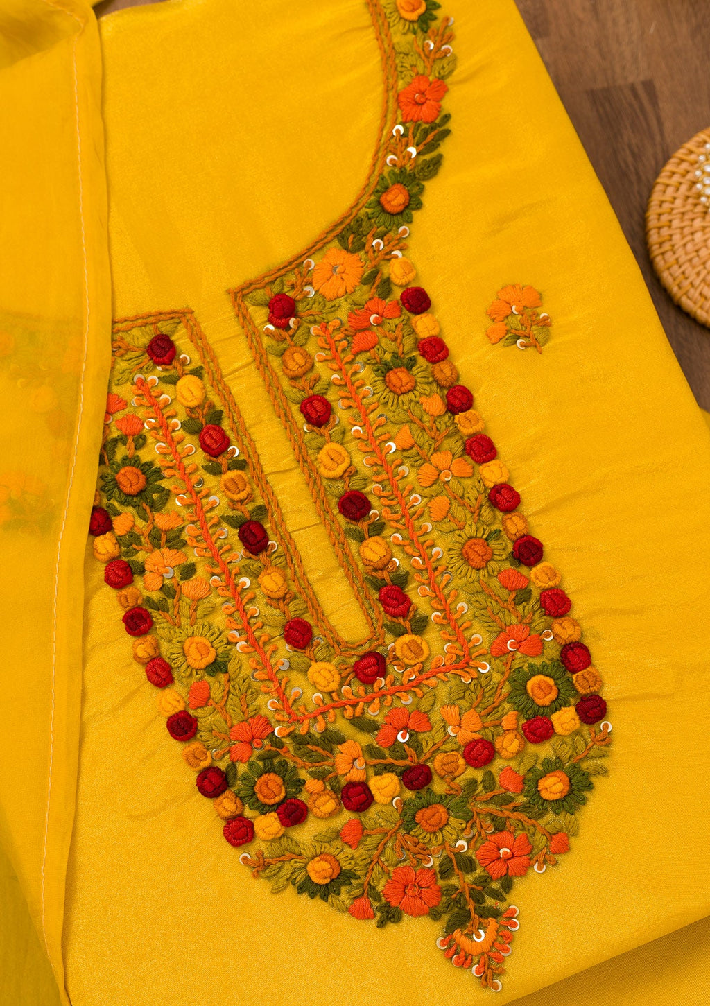 Yellow Threadwork Semi Crepe Unstitched Salwar Suit
