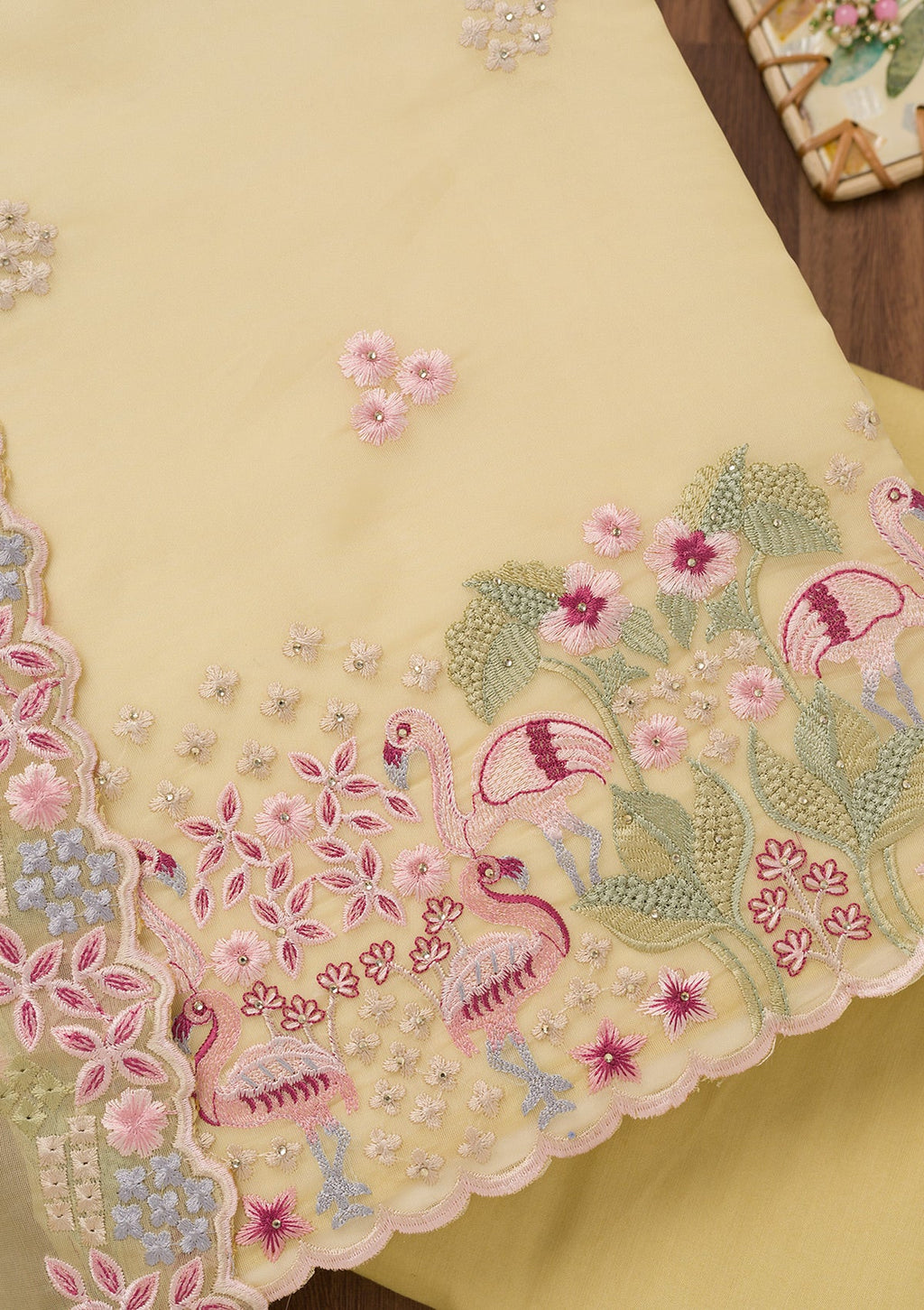 Yellow Threadwork Tissue Unstitched Salwar Suit