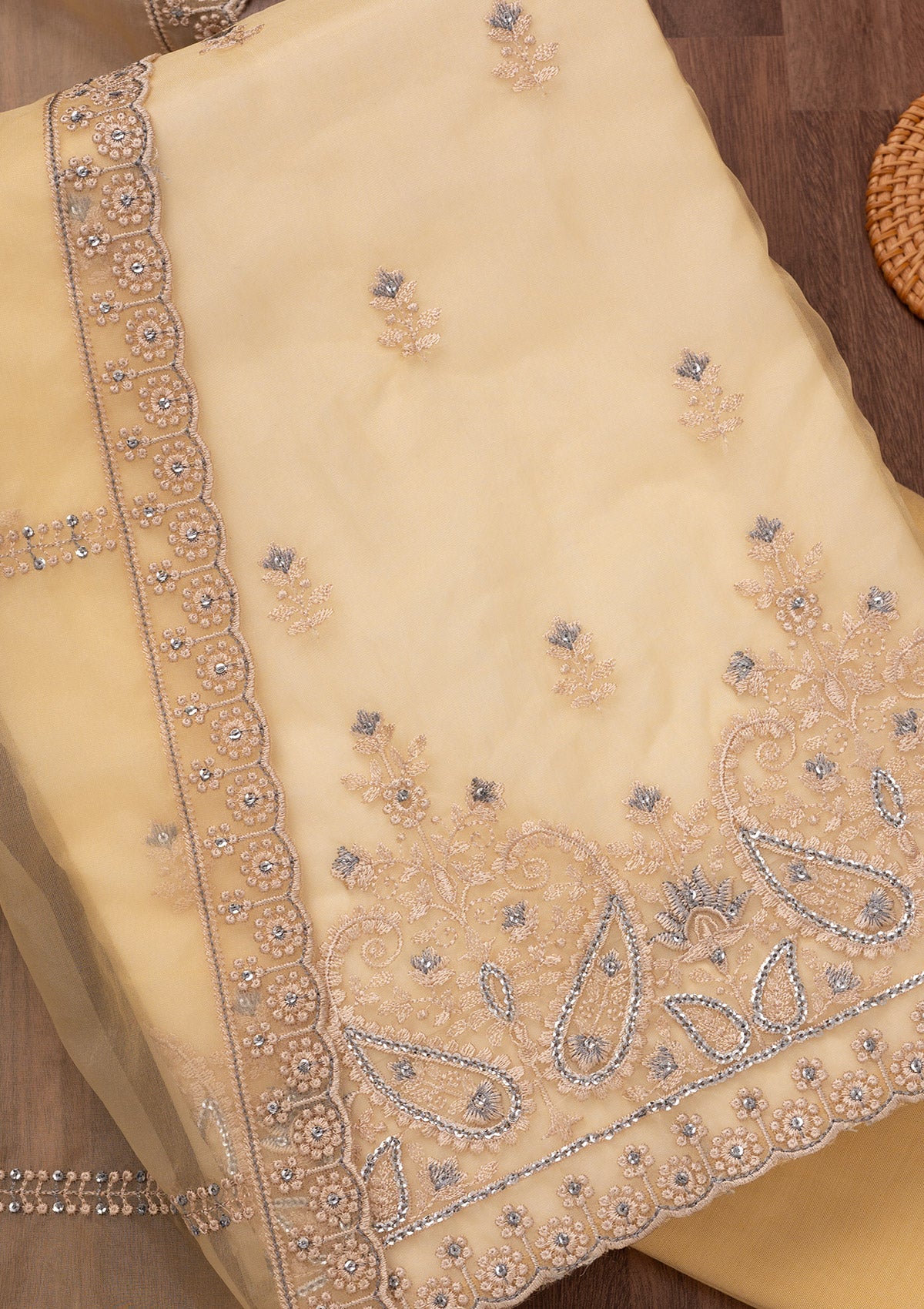 Yellow Threadwork Tissue Unstitched Salwar Suit