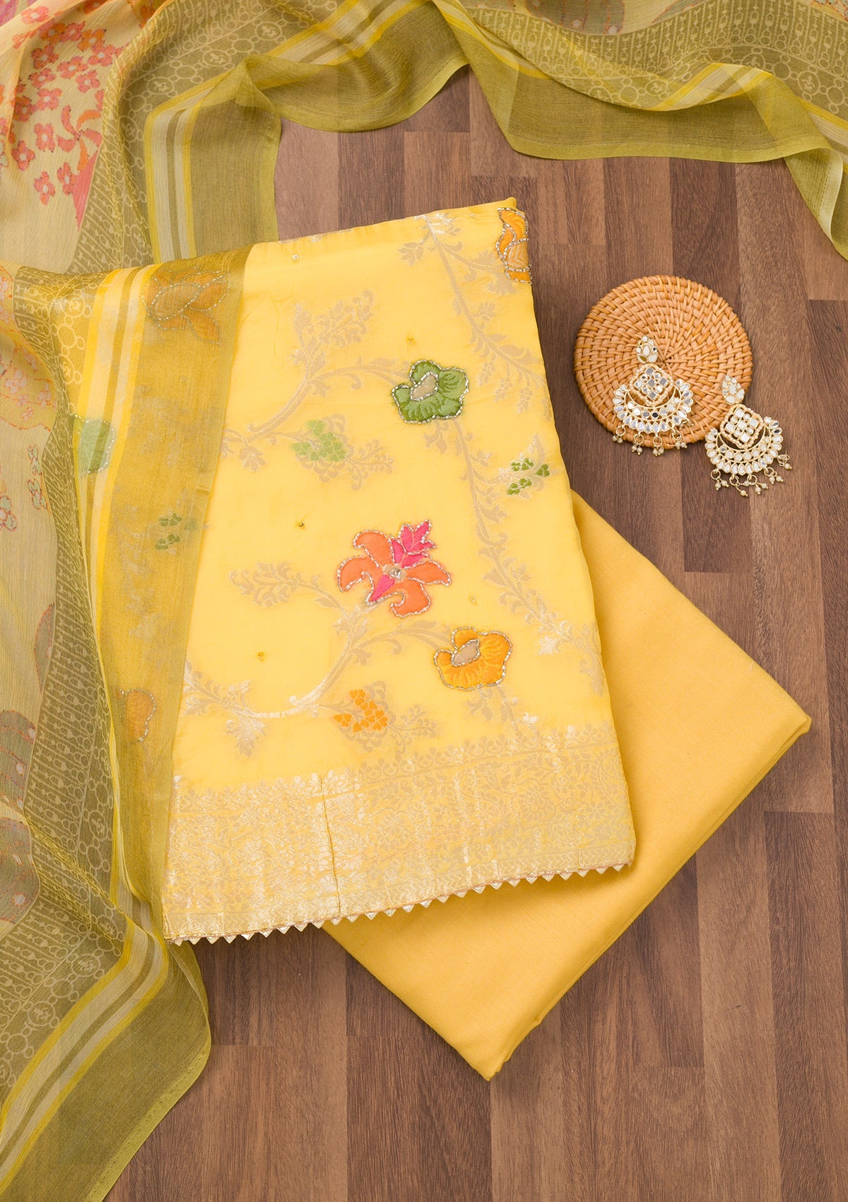 Yellow Zariwork Art Silk Unstitched Salwar Suit