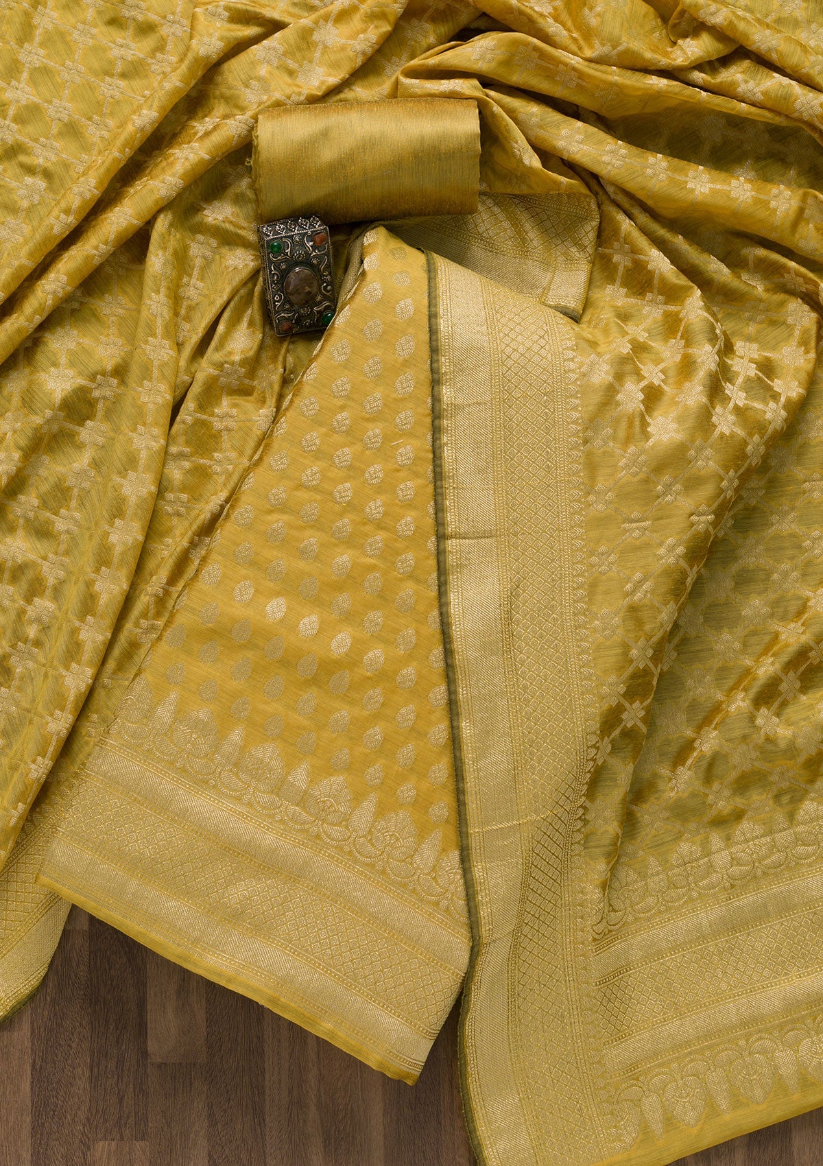 Yellow Zariwork Banarasi Unstitched Salwar Suit