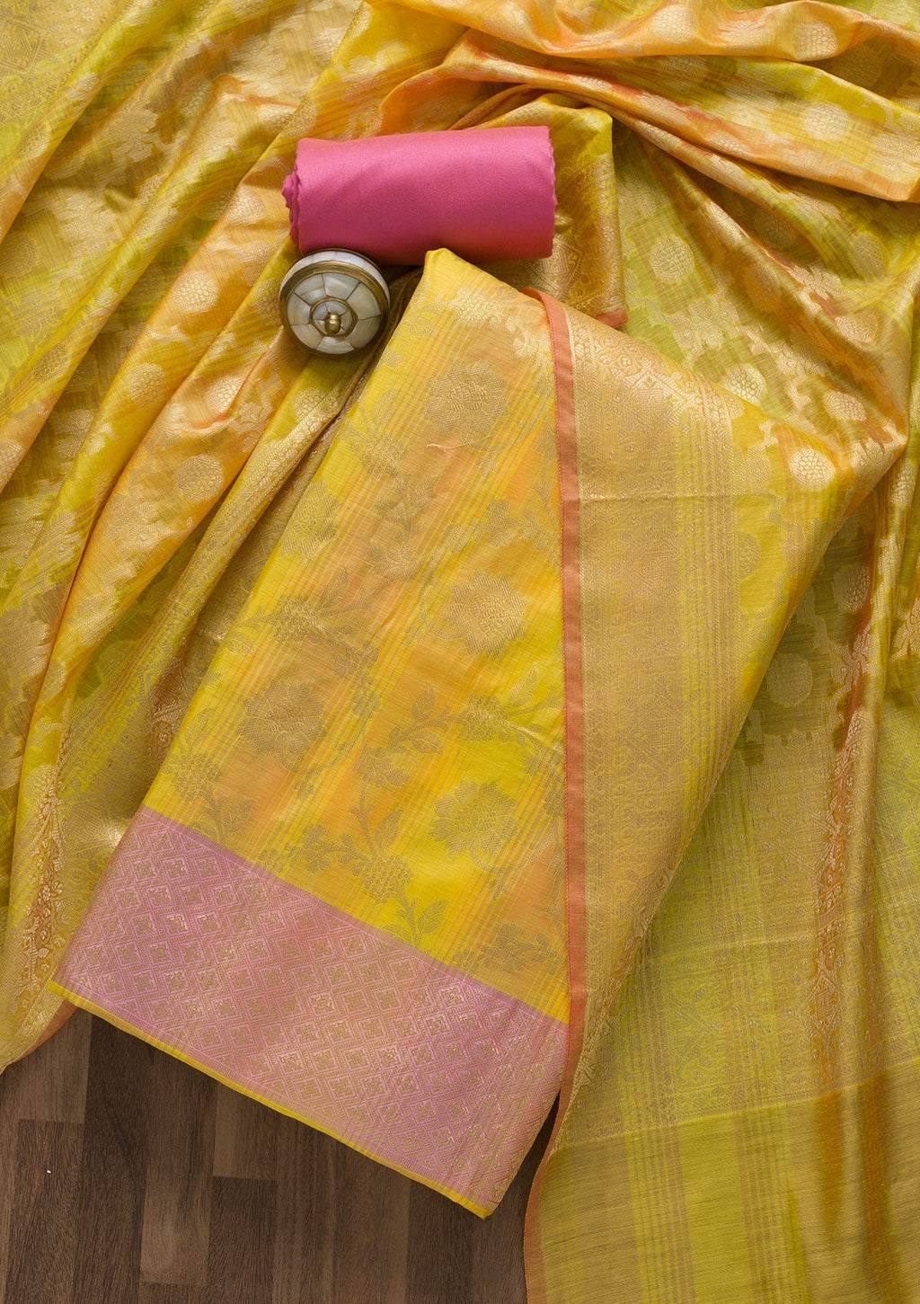 Yellow Zariwork Banarasi Unstitched Salwar Suit