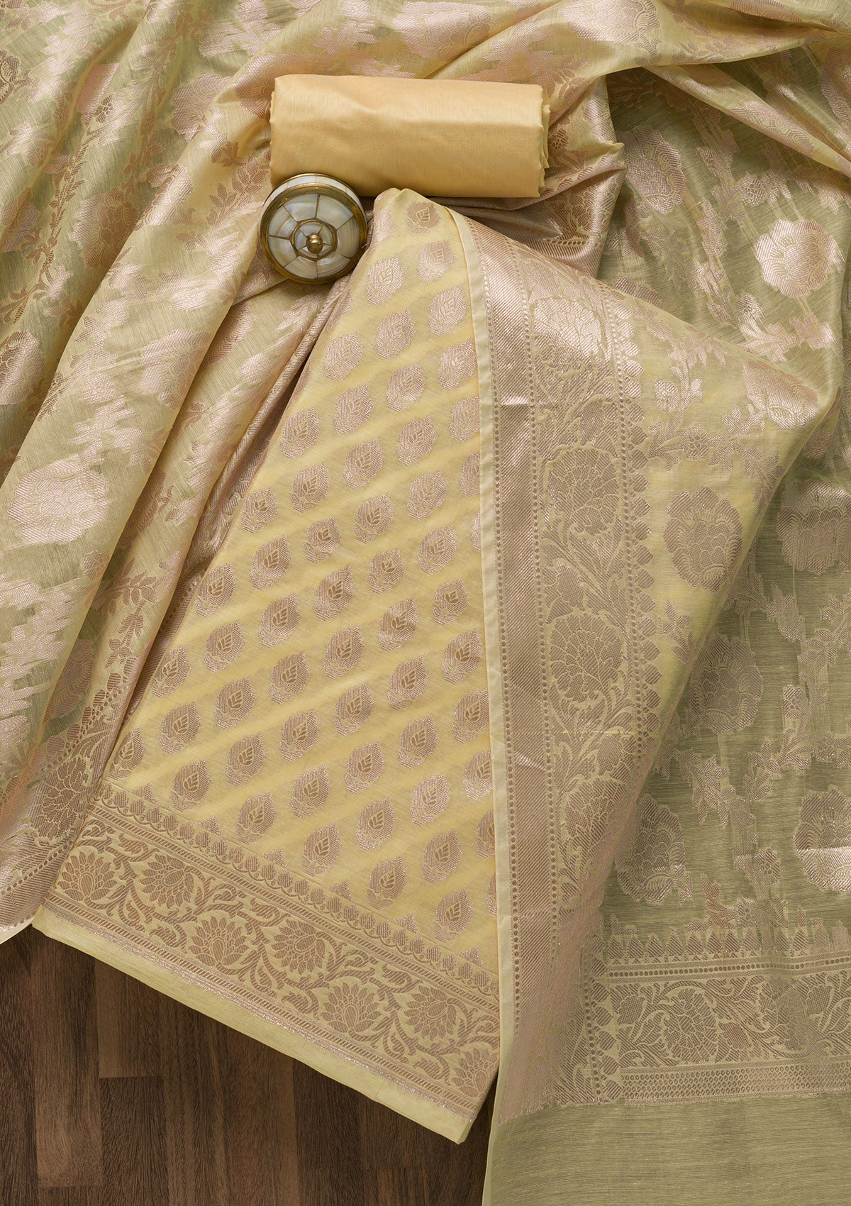Yellow Zariwork Banarasi Unstitched Salwar Suit