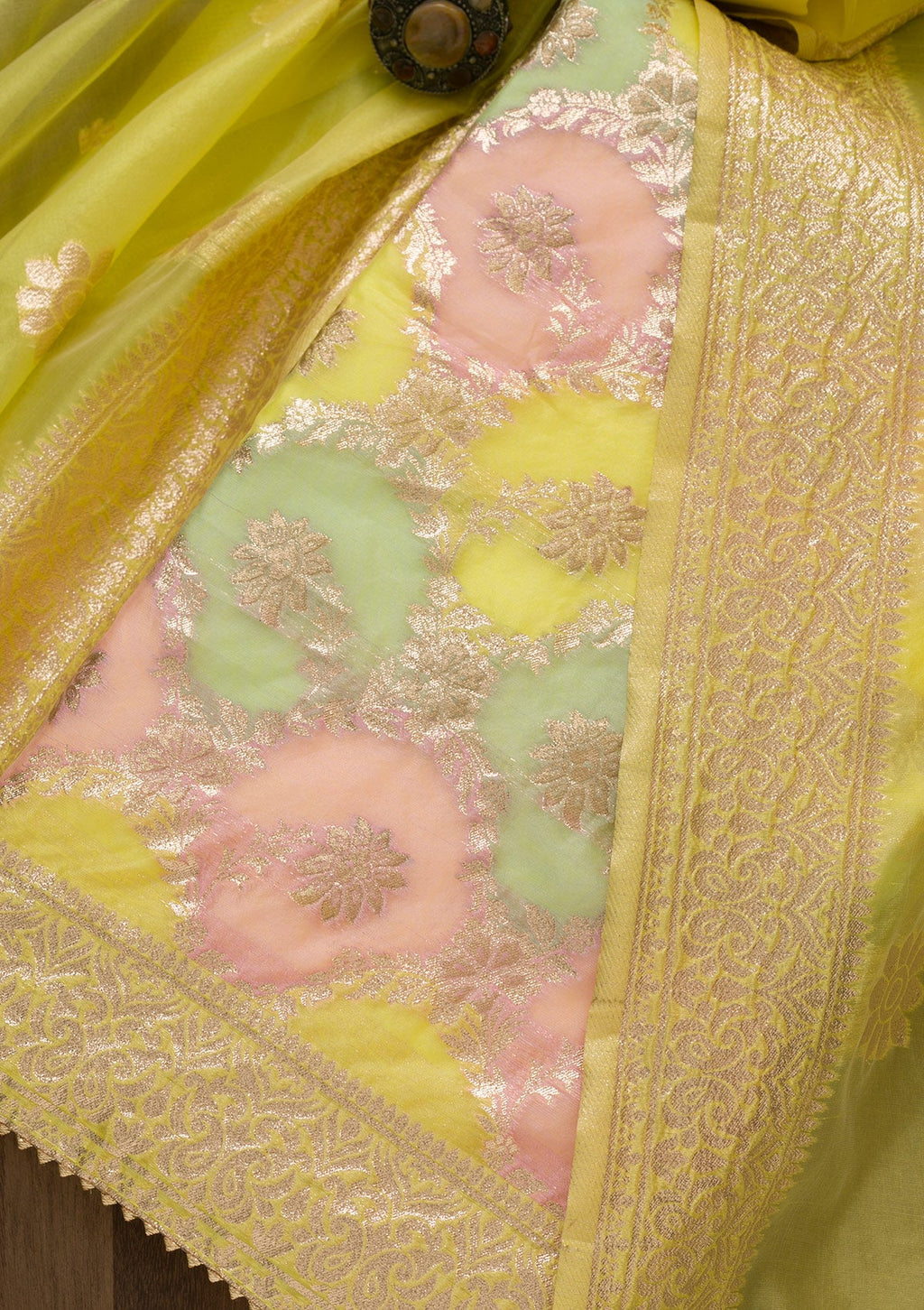 Yellow Zariwork Banarasi Silk Unstitched Salwar Suit