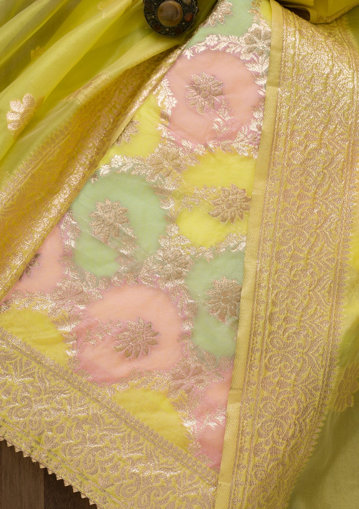 Yellow Zariwork Banarasi Silk Unstitched Salwar Suit