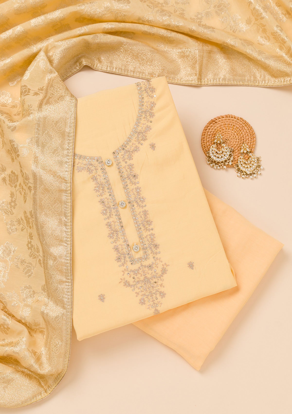 Yellow Zariwork Chanderi Unstitched Salwar Suit